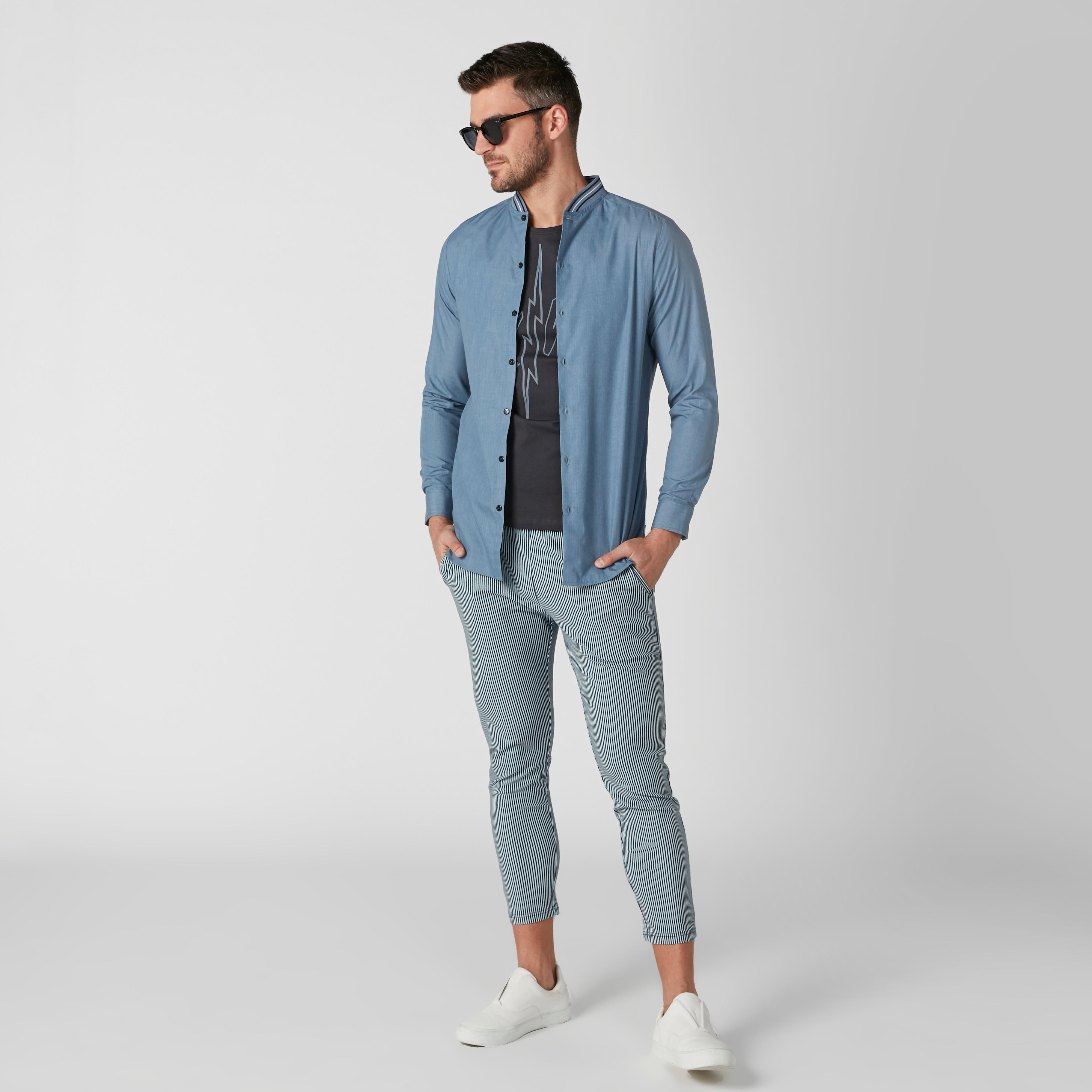 قميص سليم فيت بياقة ماندارين وأكمام طويلة من لوم-men-clothing-shirts-image-1
