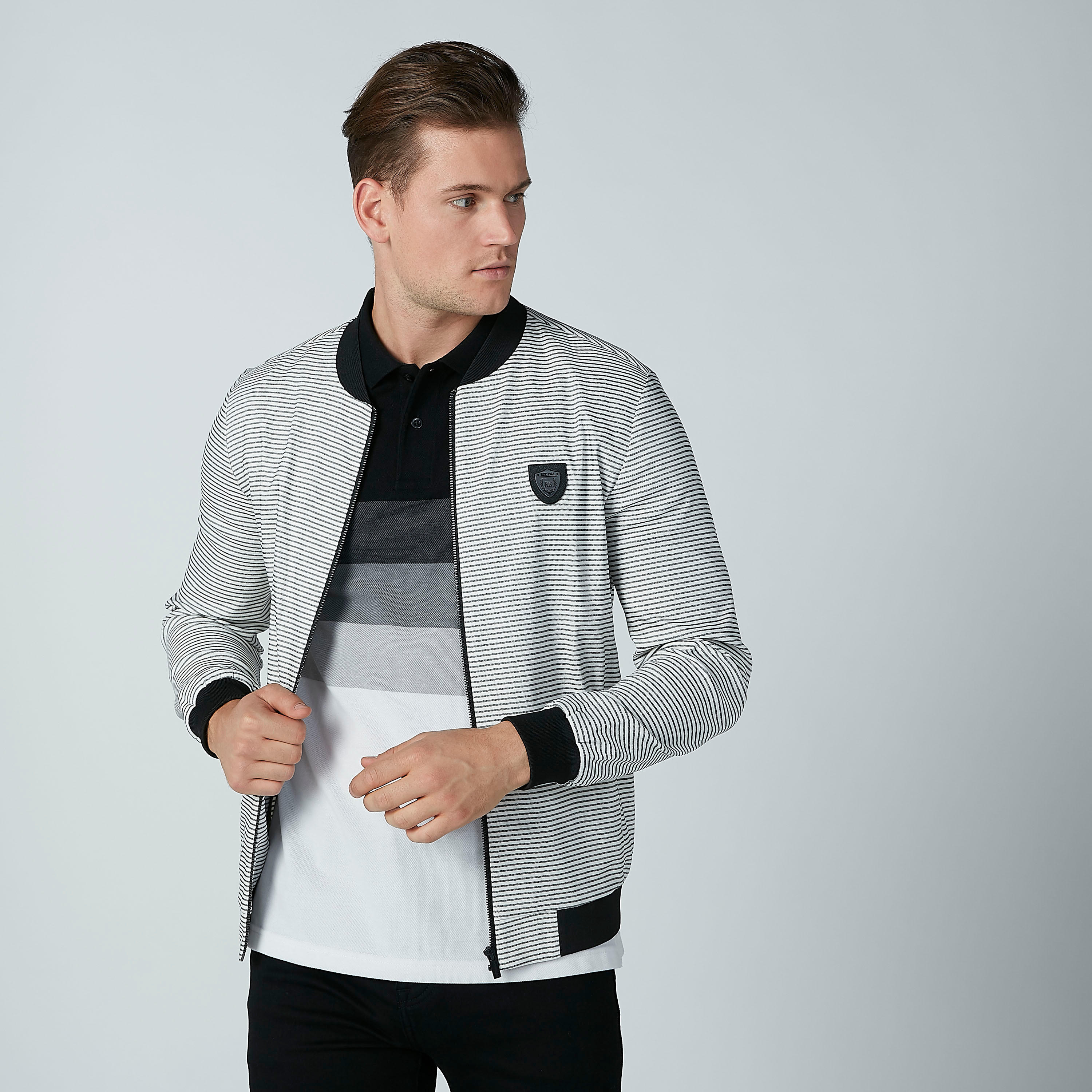 L'Homme Striped Bomber Jacket with Pocket Detail and Zip Closure-men-clothing-jacketsandblazers-jackets-image-1