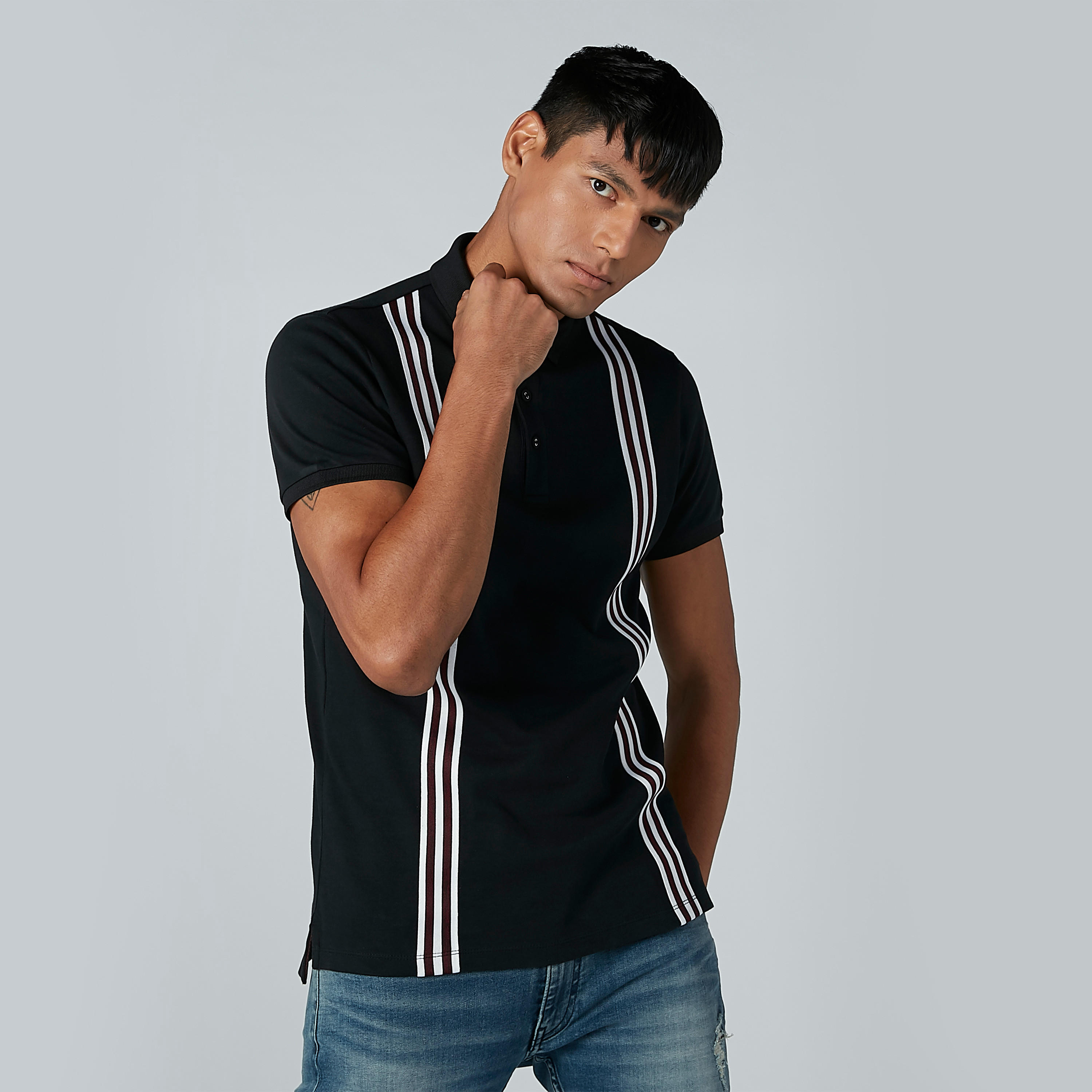 L'Homme Striped T-shirt with Polo Neck and Short Sleeves-men-clothing-tshirtsandpolos-polos-image-1