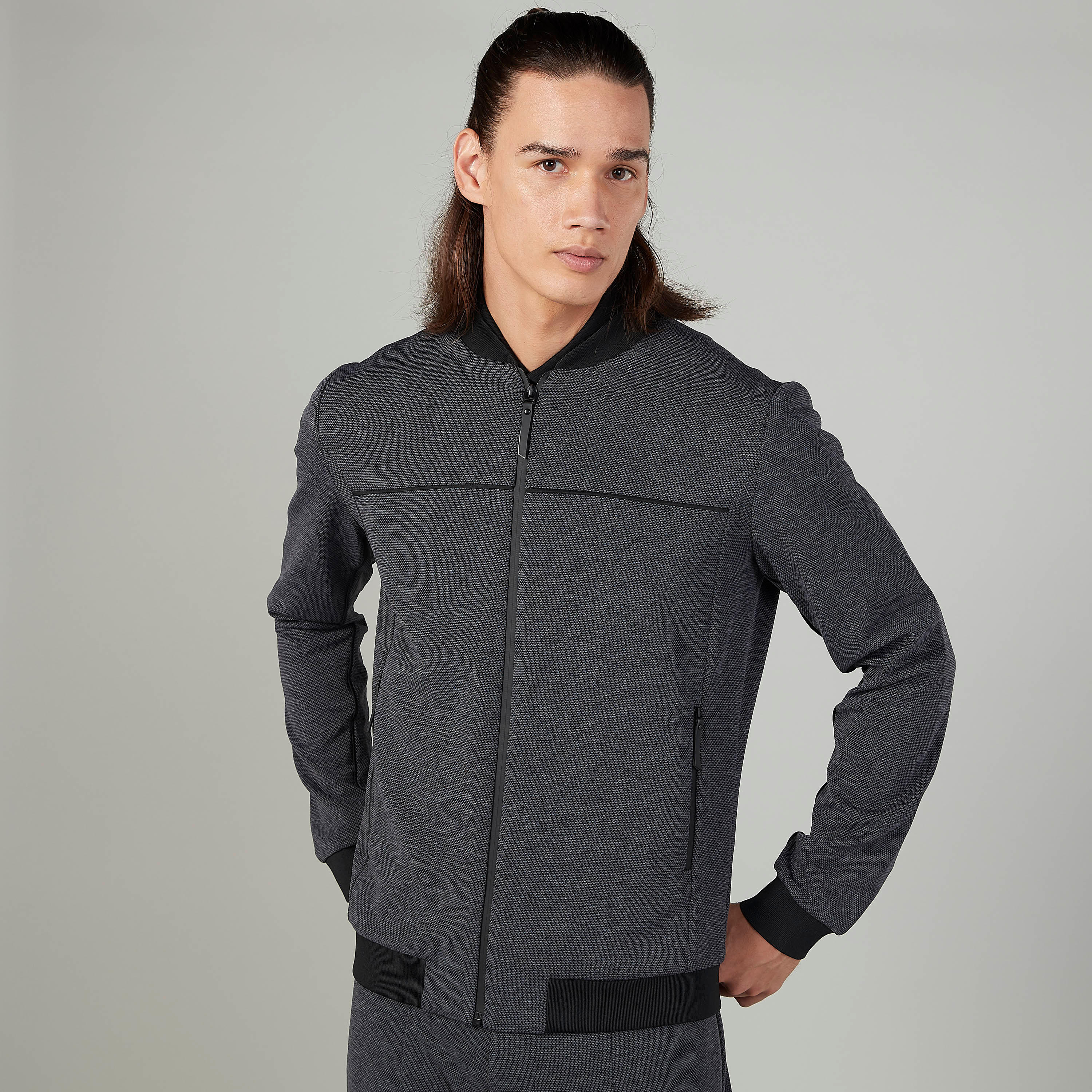 L'HommeTextured Bomber Jacket with Long Sleeves and Pocket Detail-men-clothing-jacketsandblazers-jackets-image-1