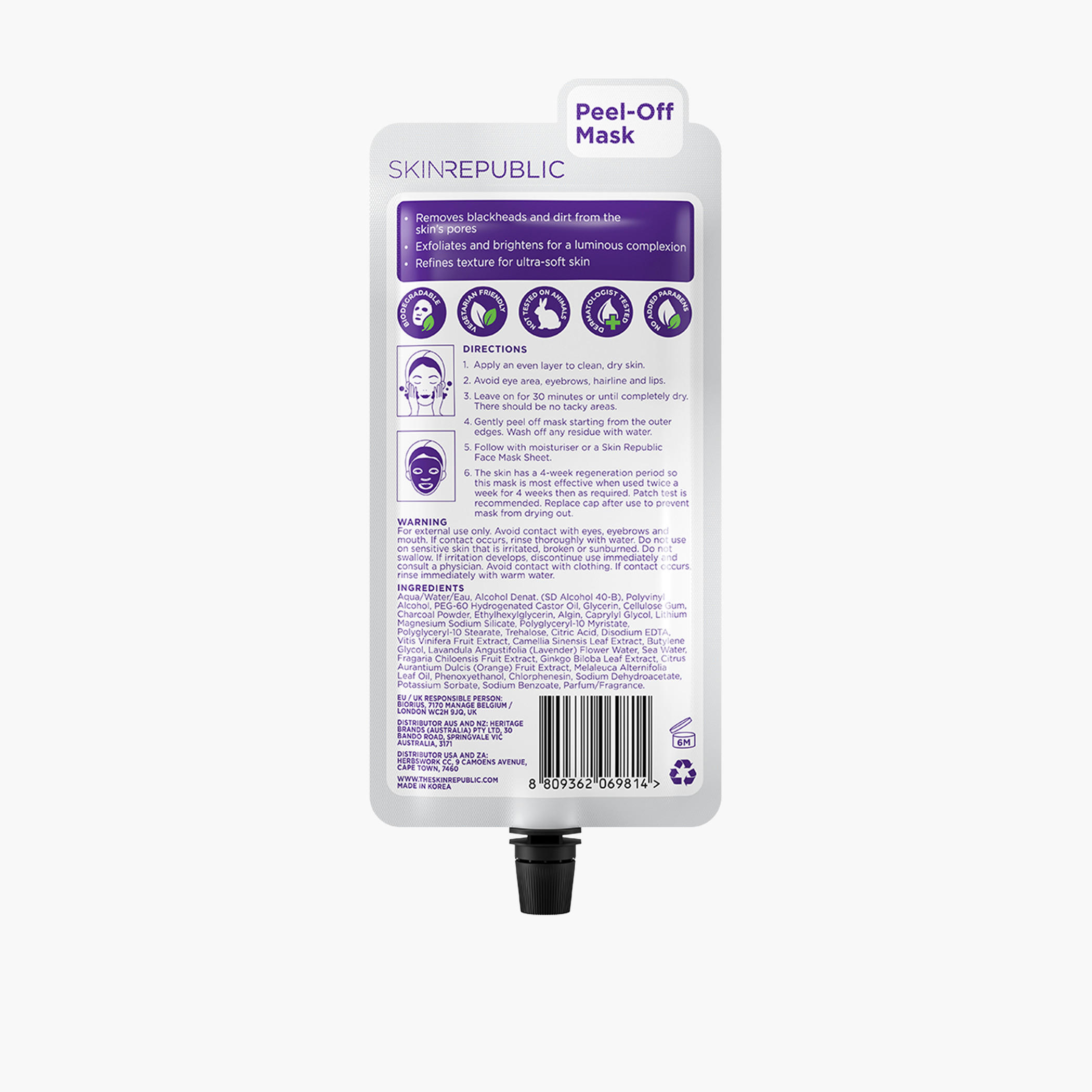 Skin Republic Charcoal Peel-Off cleansing Face Mask Sheet, Exfoliates and removes blackheads 25ml (3 Applications)-beautyandpersonalcare-kbeauty-skin-masks-sheetmask-image-2