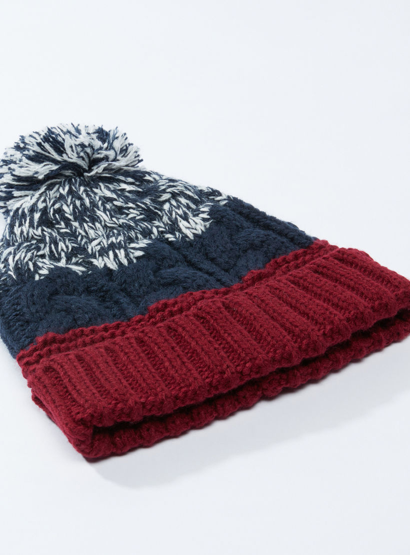 Textured Beanie Cap with Pom-Pom Detail-men-caps-image-1