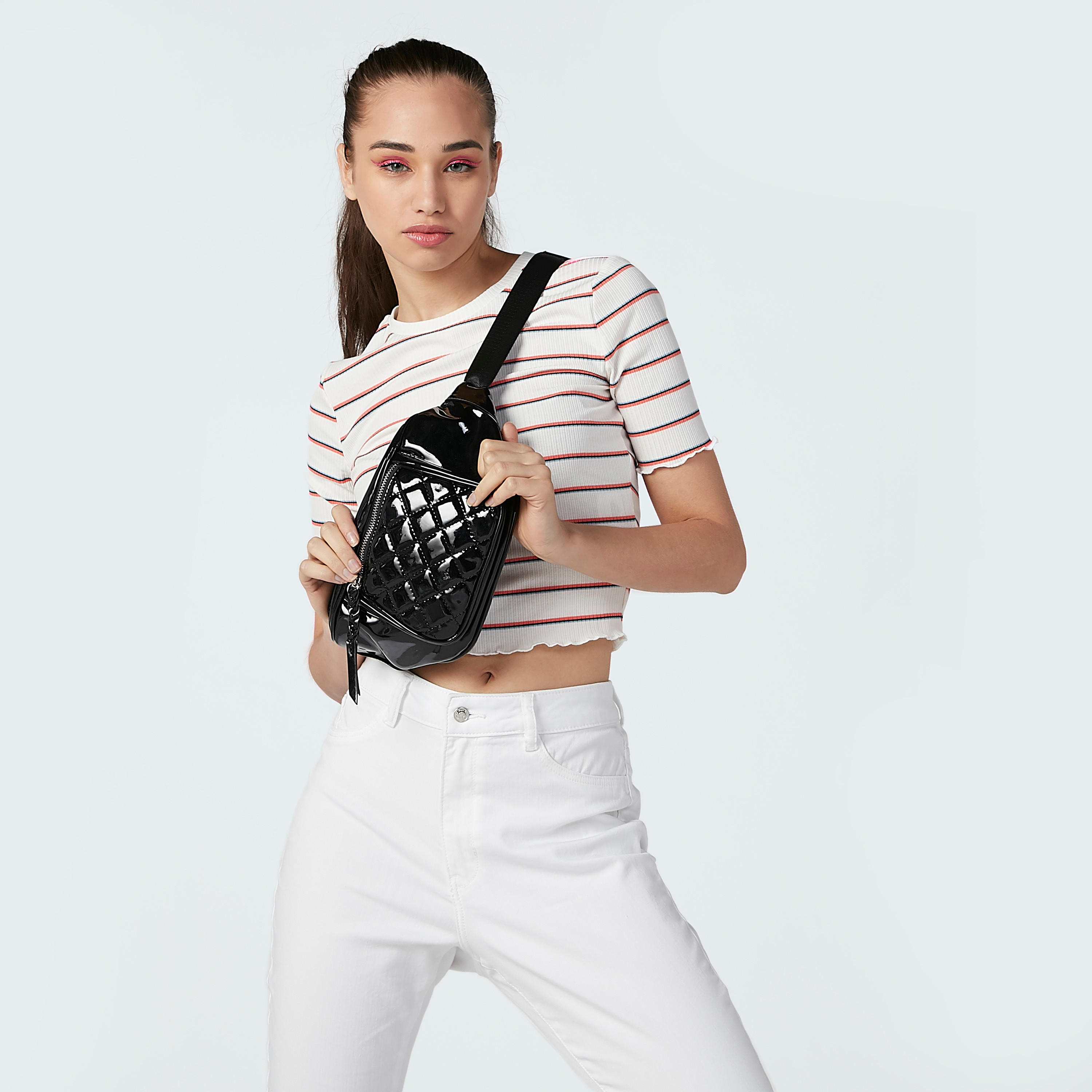 حقيبة خصر سادة لامعة بحزام قابل للتعديل وإبزيم إغلاق-women-bagsandwallets-handbags-image-3