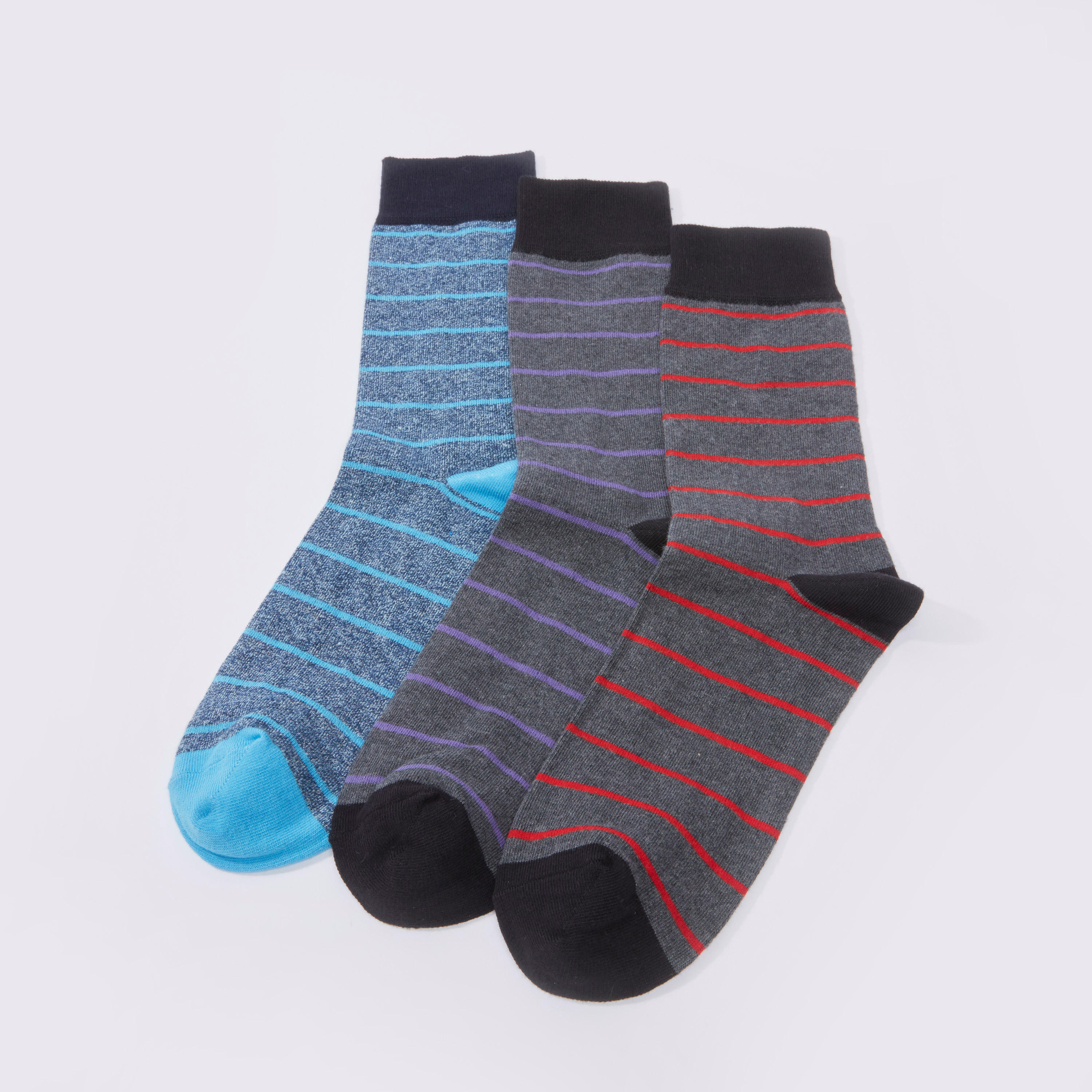 Set of 3 - Striped Crew Length Socks with Cuffed Hem-men-socks-image-1