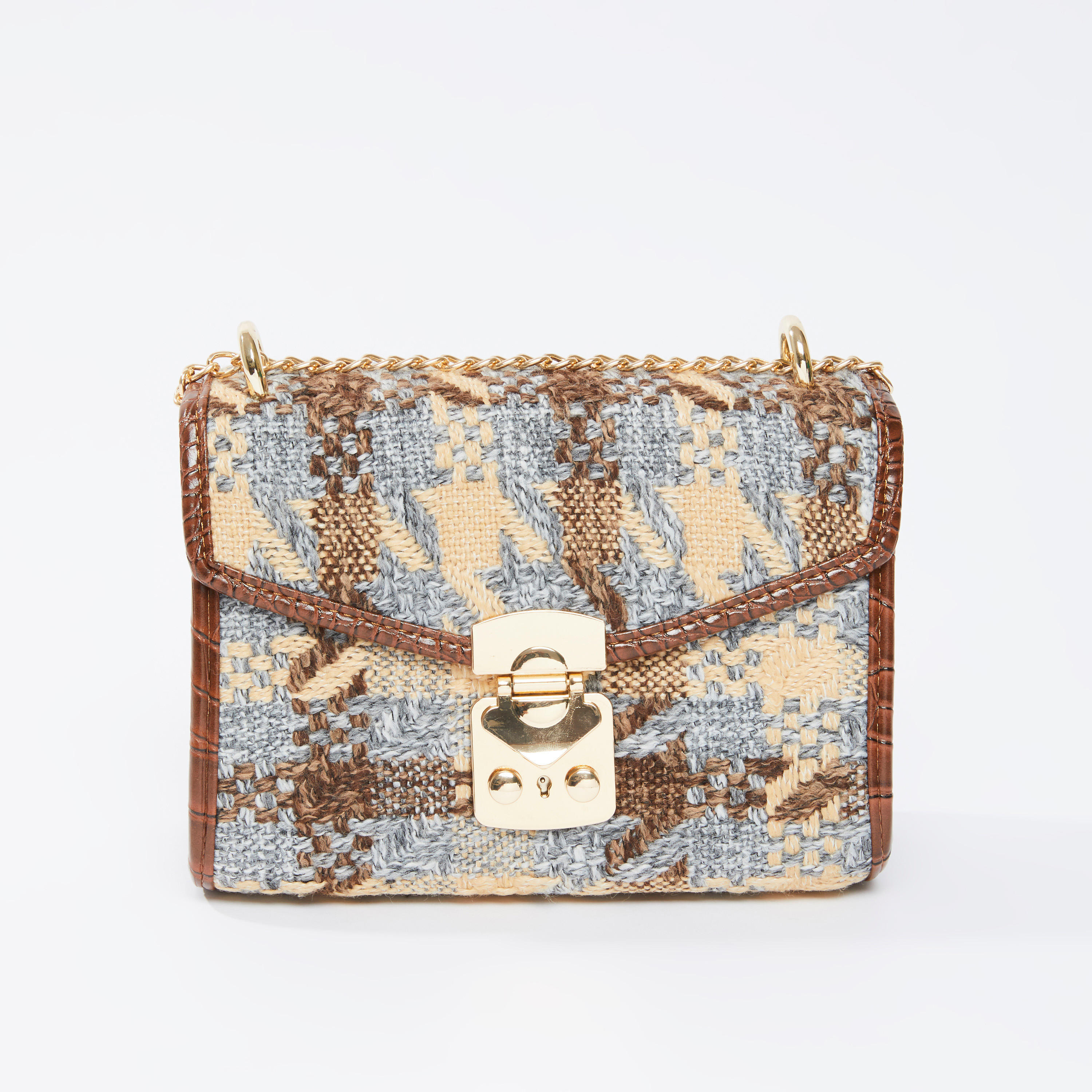 Textured Satchel Bag with Metallic Chain-women-bagsandwallets-handbags-image-1