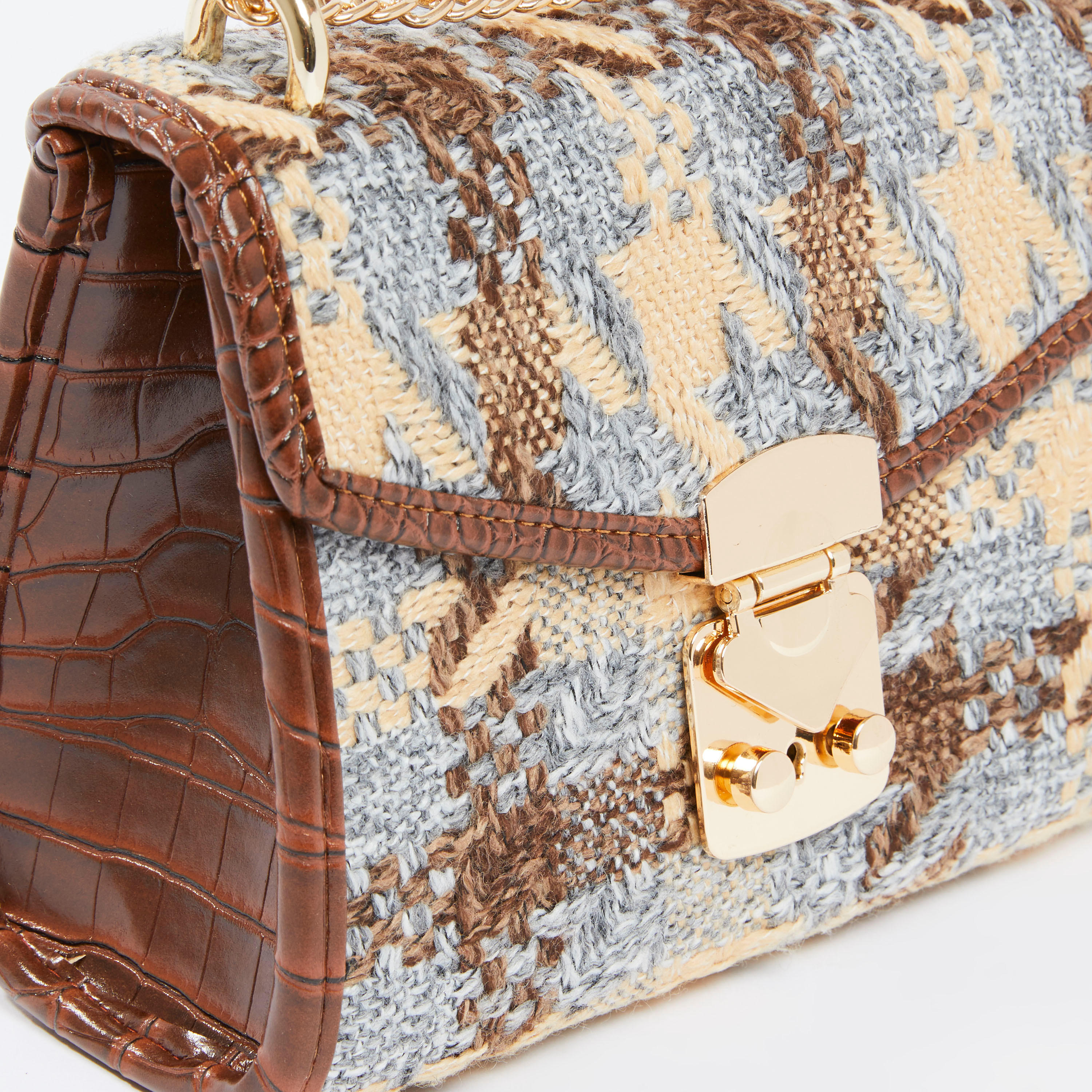Textured Satchel Bag with Metallic Chain-women-bagsandwallets-handbags-image-3