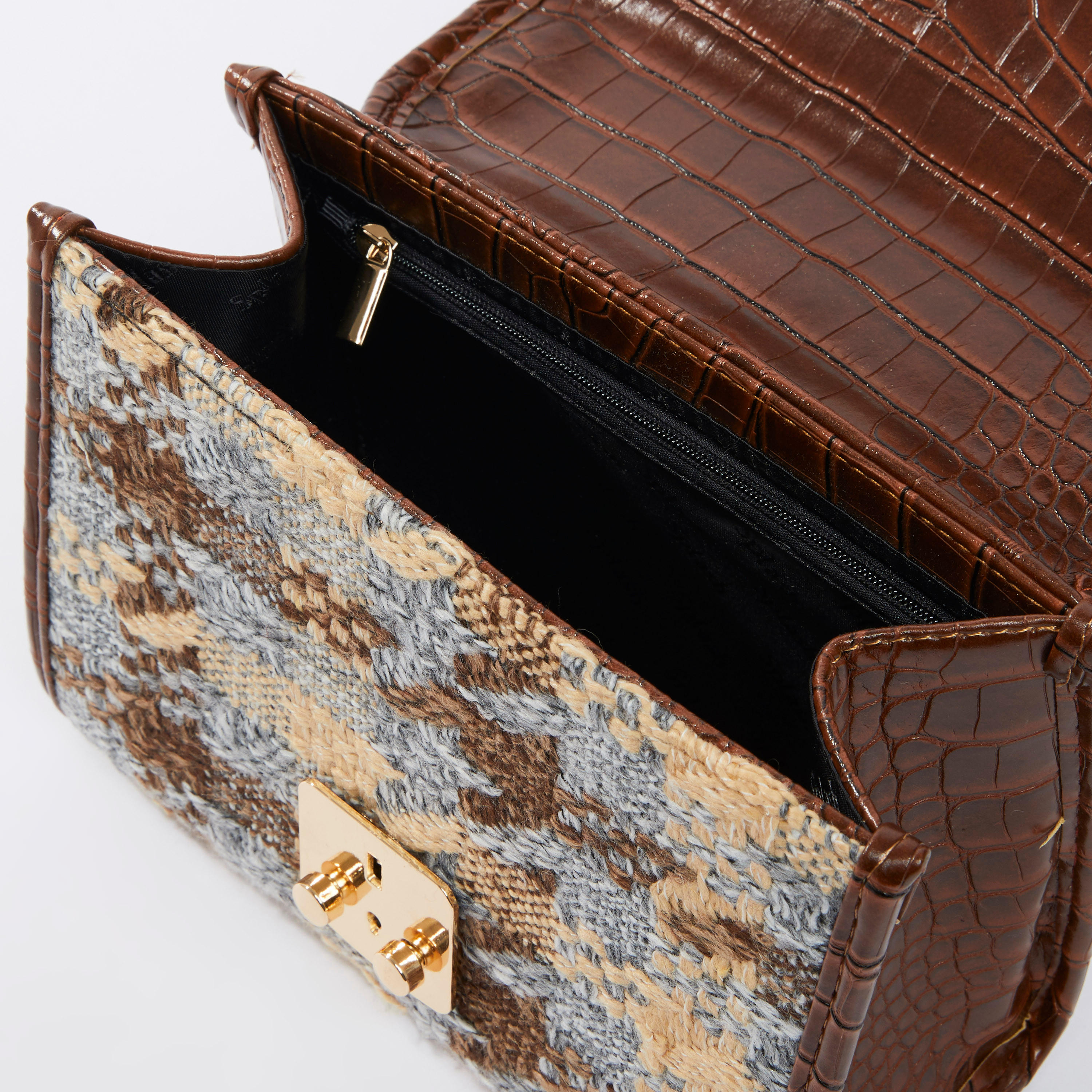 Textured Satchel Bag with Metallic Chain-women-bagsandwallets-handbags-image-4