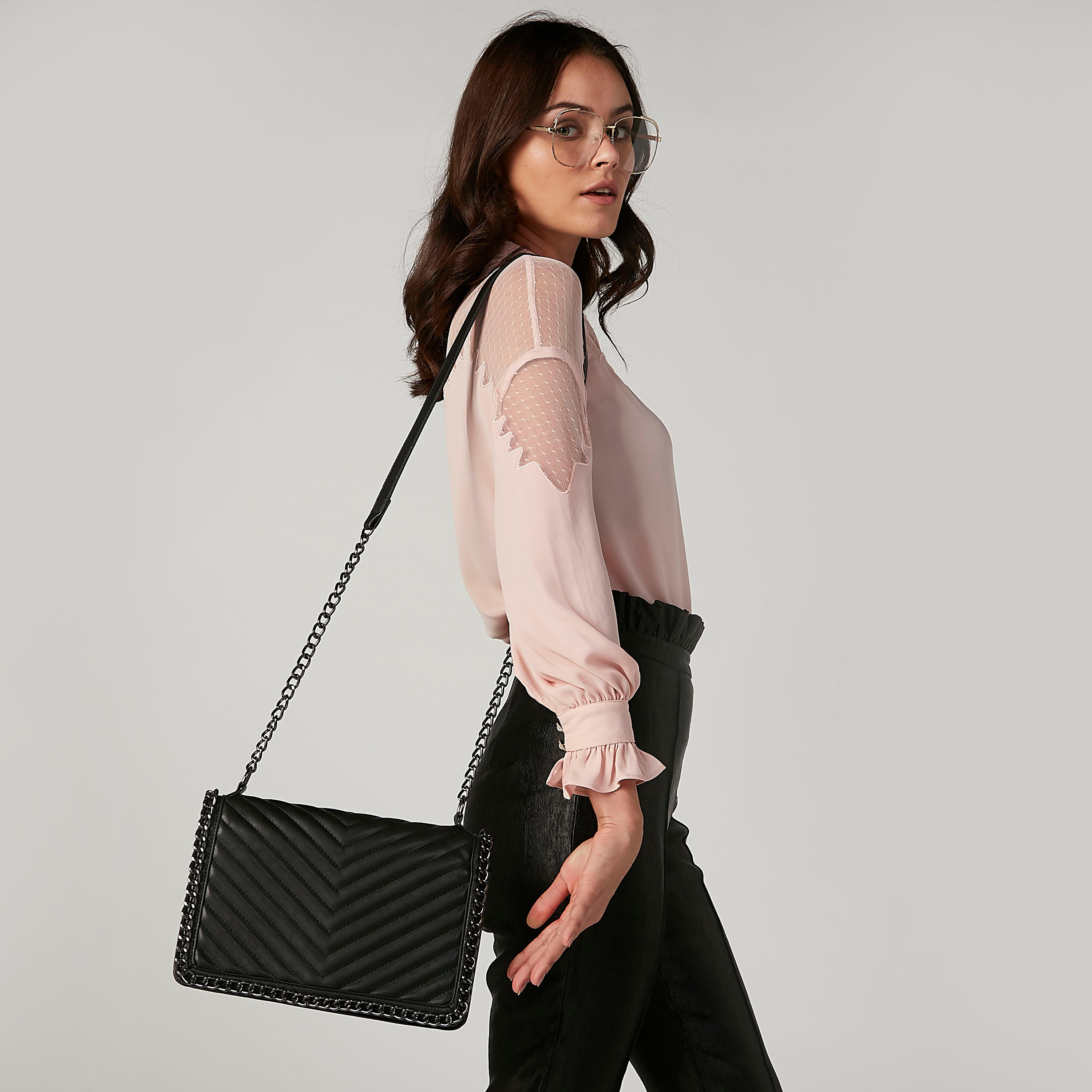 Textured Satchel Bag with Metallic Chain-women-bagsandwallets-handbags-image-2