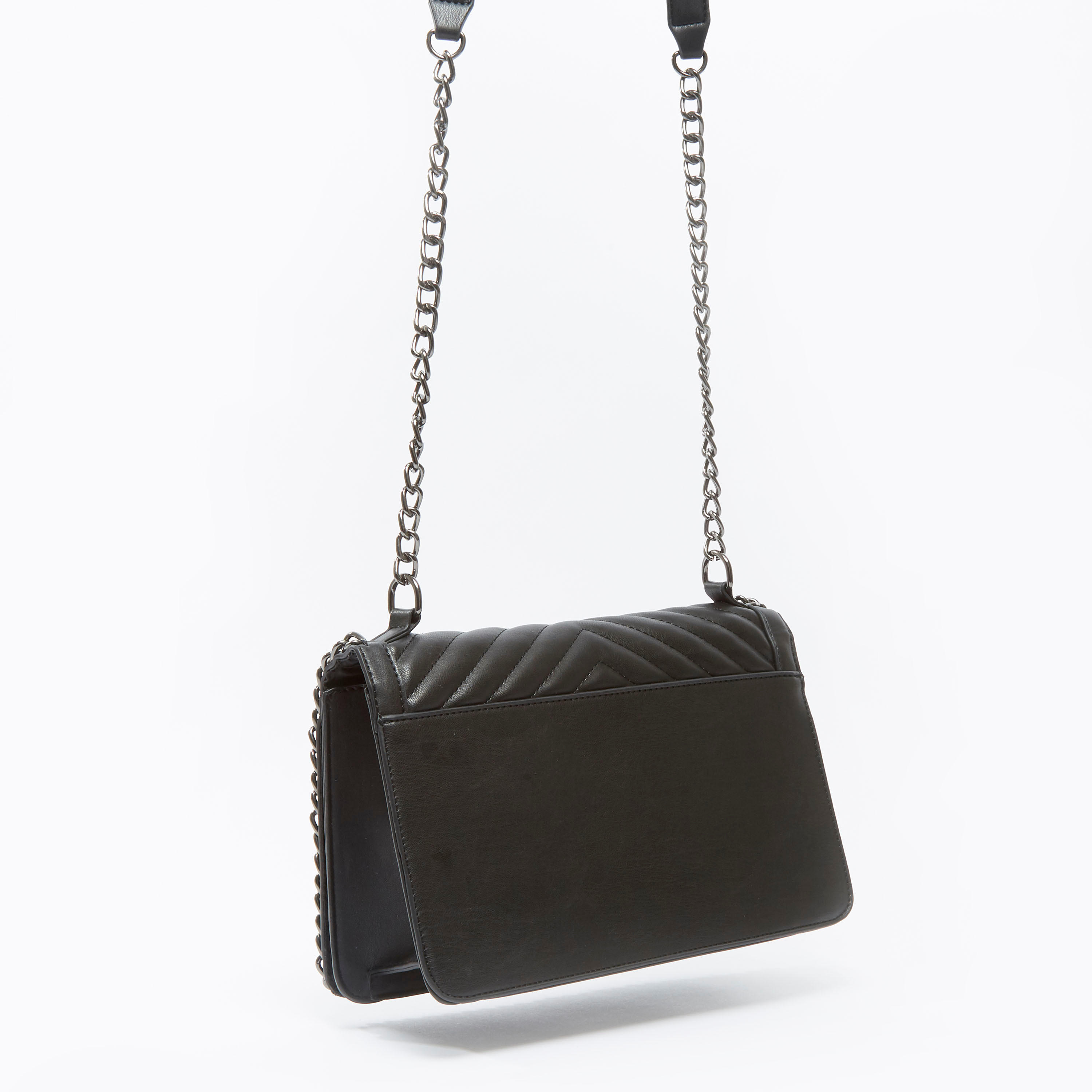 Textured Satchel Bag with Metallic Chain-women-bagsandwallets-handbags-image-3