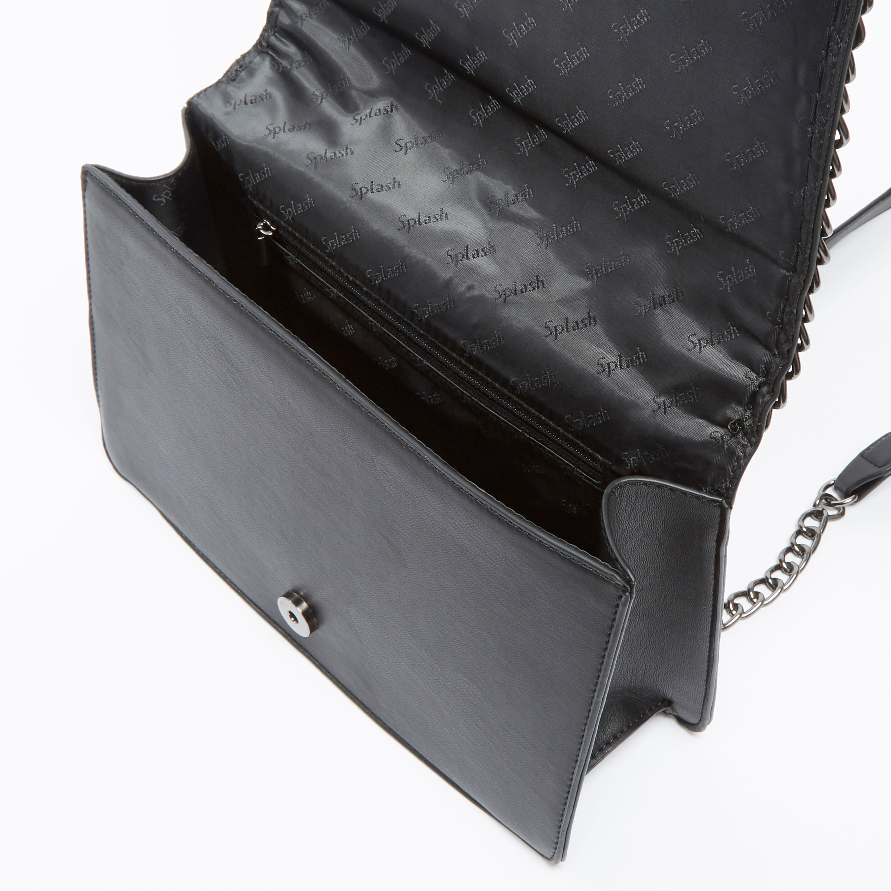 Textured Satchel Bag with Metallic Chain-women-bagsandwallets-handbags-image-4