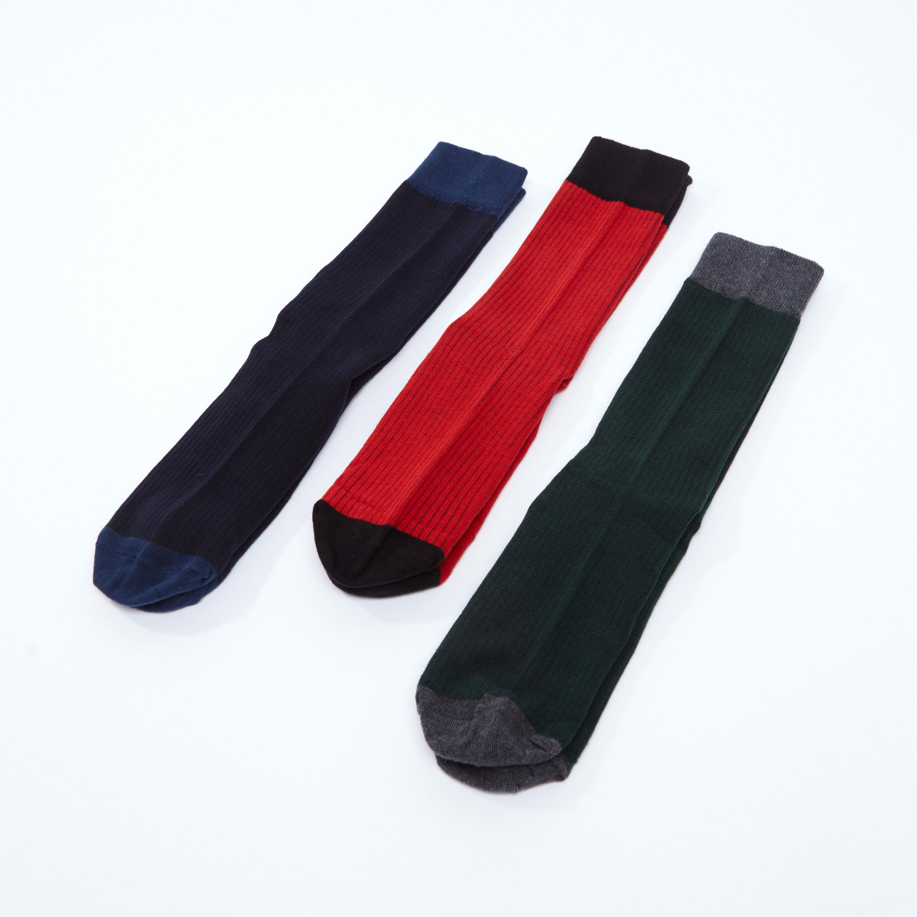 جوارب سادة بطول ربلة الساق بحواف مضلّعة - طقم من 3 أزواج-men-socks-image-1