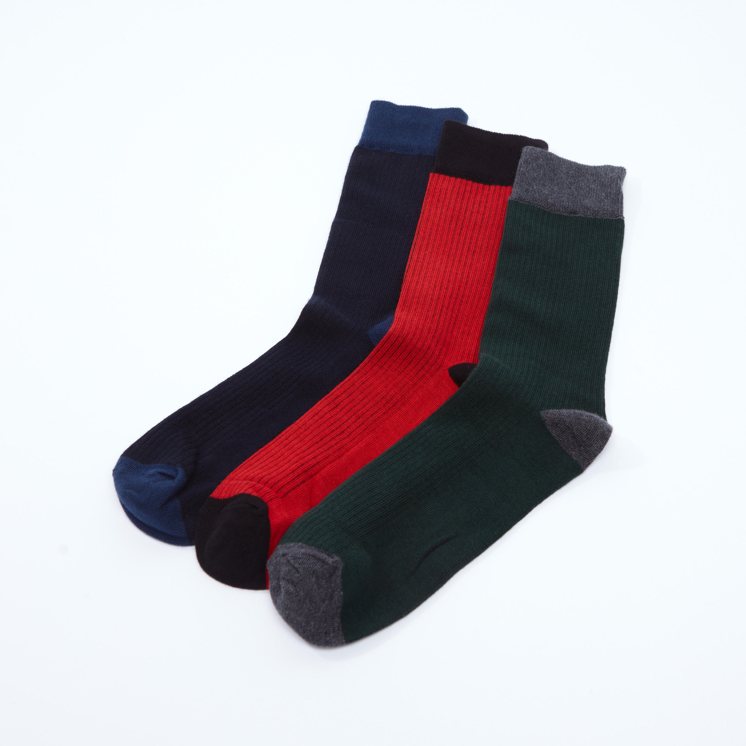 جوارب سادة بطول ربلة الساق بحواف مضلّعة - طقم من 3 أزواج-men-socks-image-2