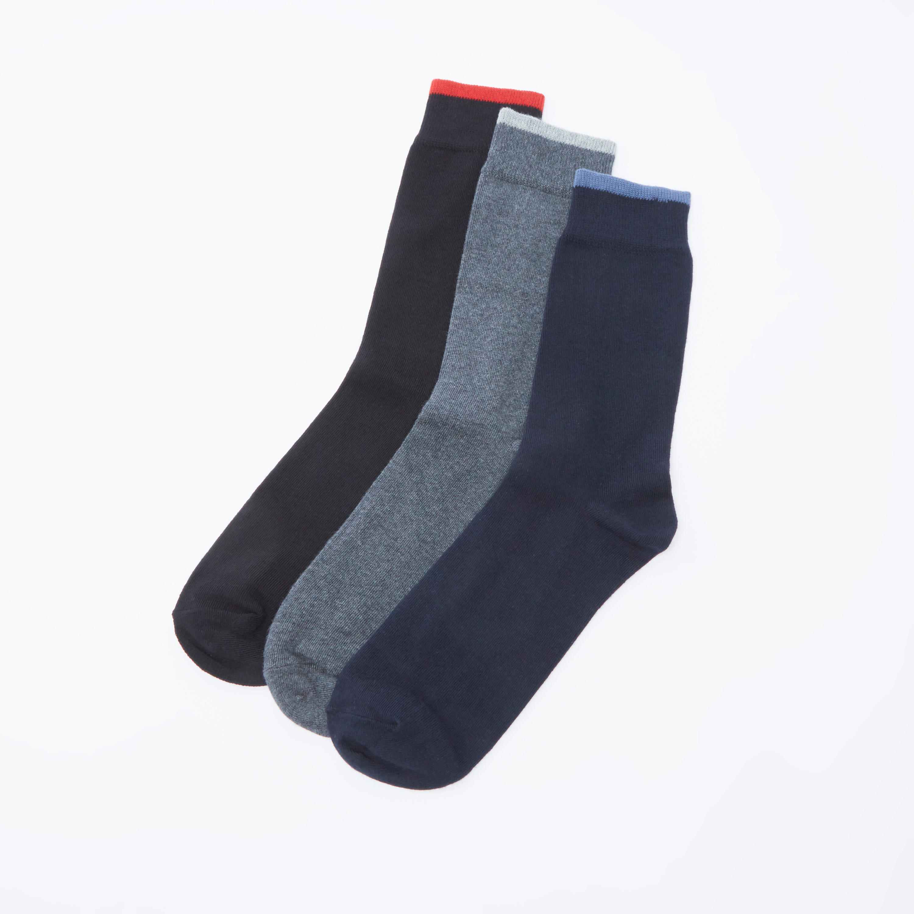 جوارب سادة بطول ربلة الساق بحواف أساور - طقم من 3 أزواج-men-socks-image-1