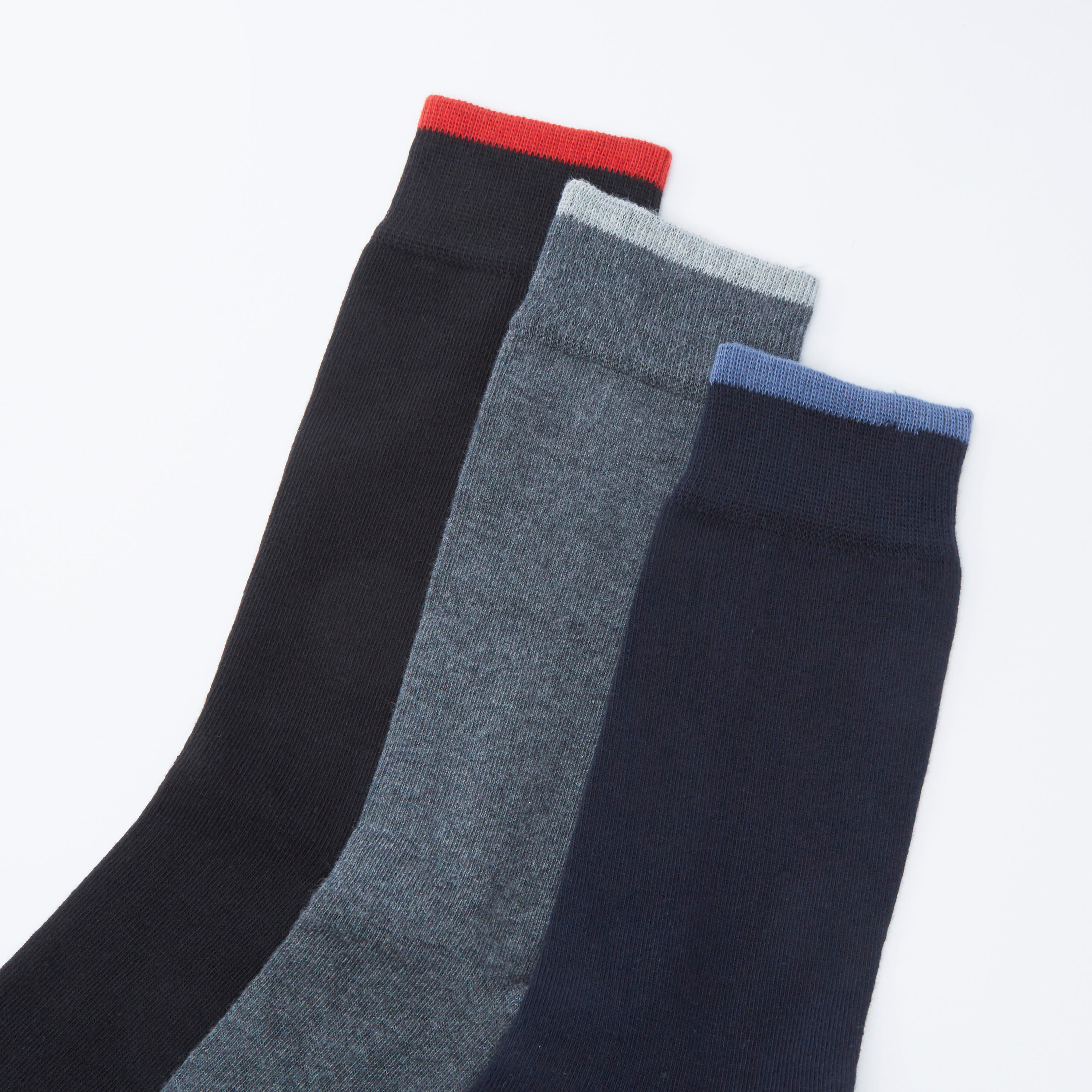 جوارب سادة بطول ربلة الساق بحواف أساور - طقم من 3 أزواج-men-socks-image-2