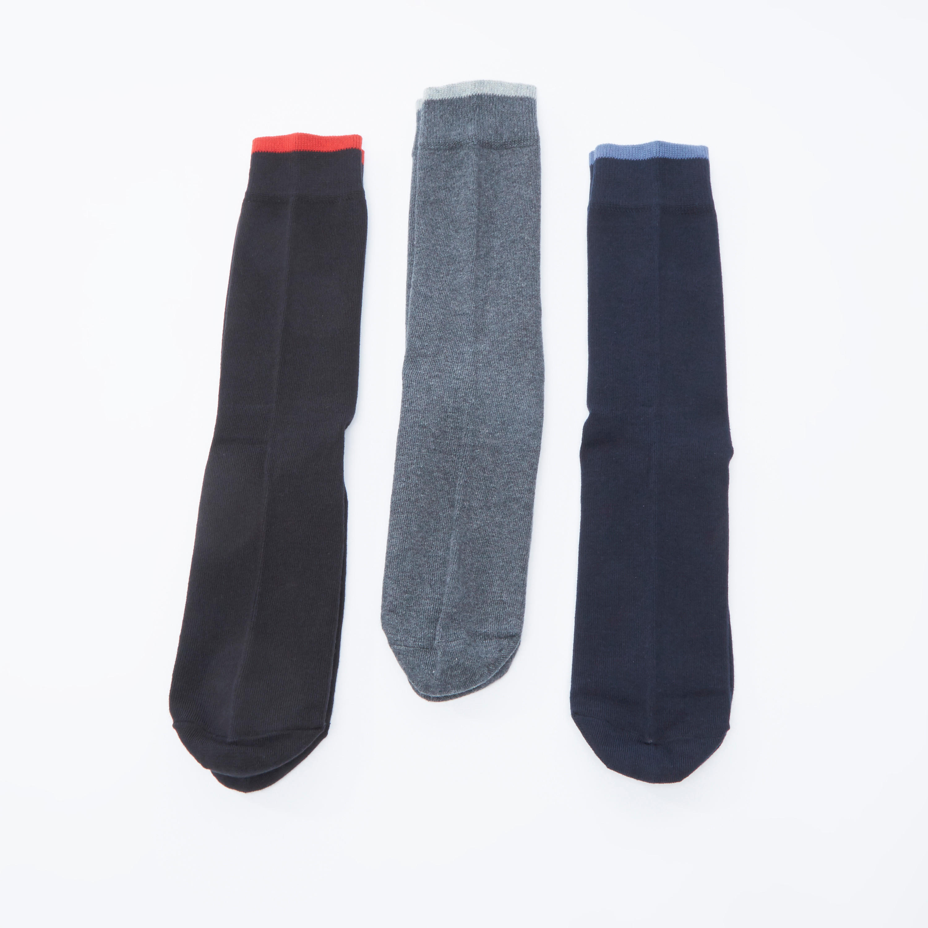 جوارب سادة بطول ربلة الساق بحواف أساور - طقم من 3 أزواج-men-socks-image-3