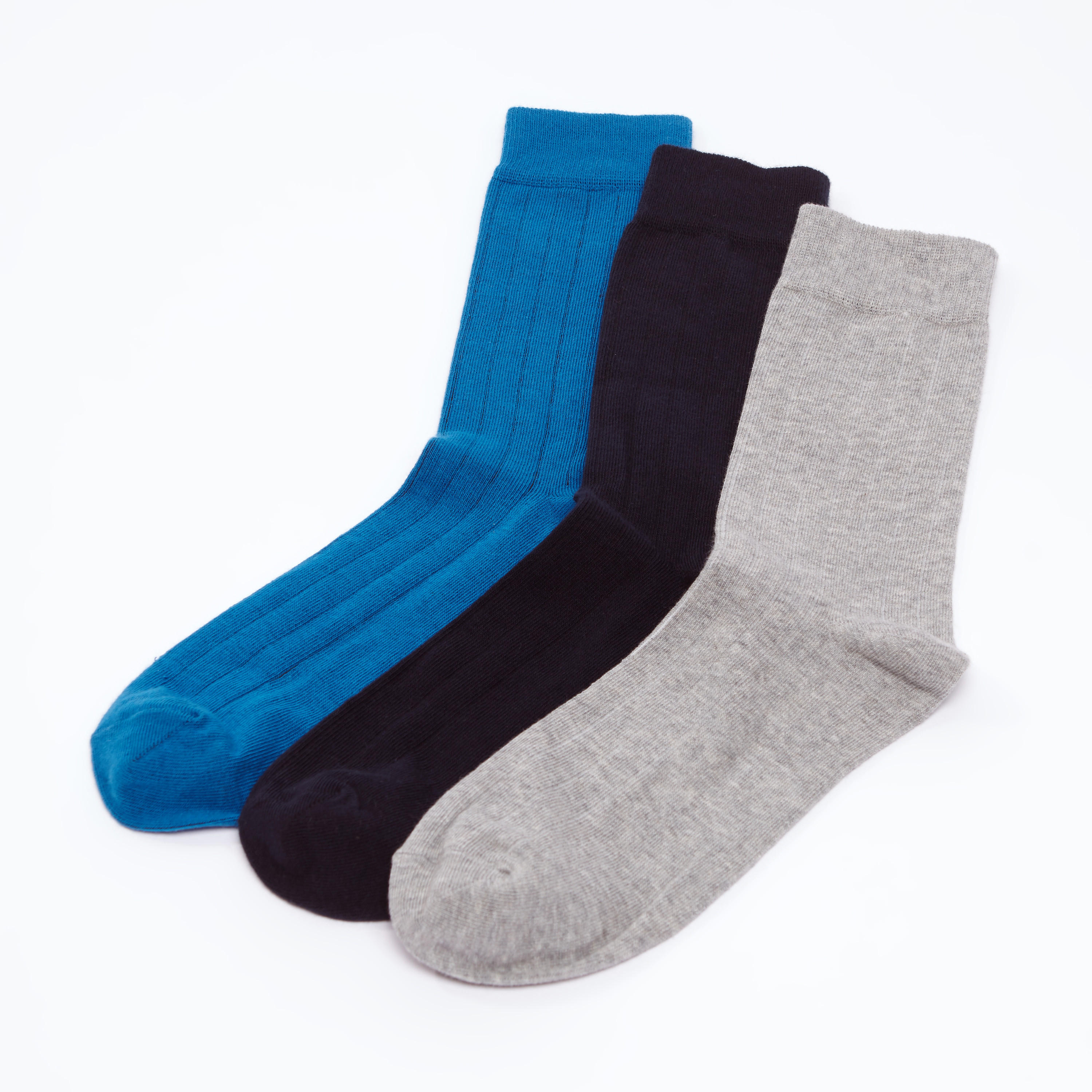 جوارب سادة بطول ربلة الساق بحواف مضلّعة - طقم من 3 أزواج-men-socks-image-1