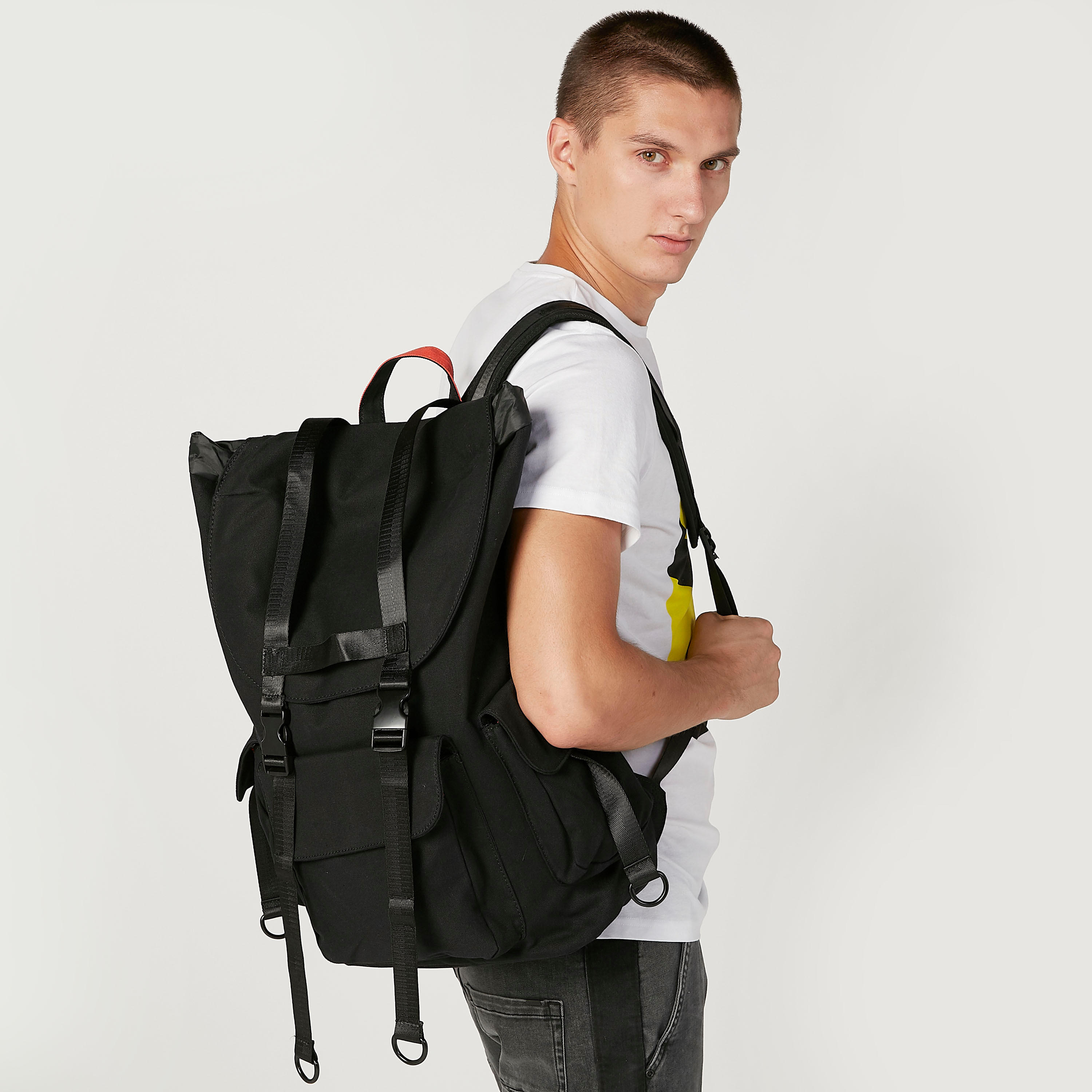 Panelled Backpack with Flap Compartments and Shoulder Straps-men-bags-image-2