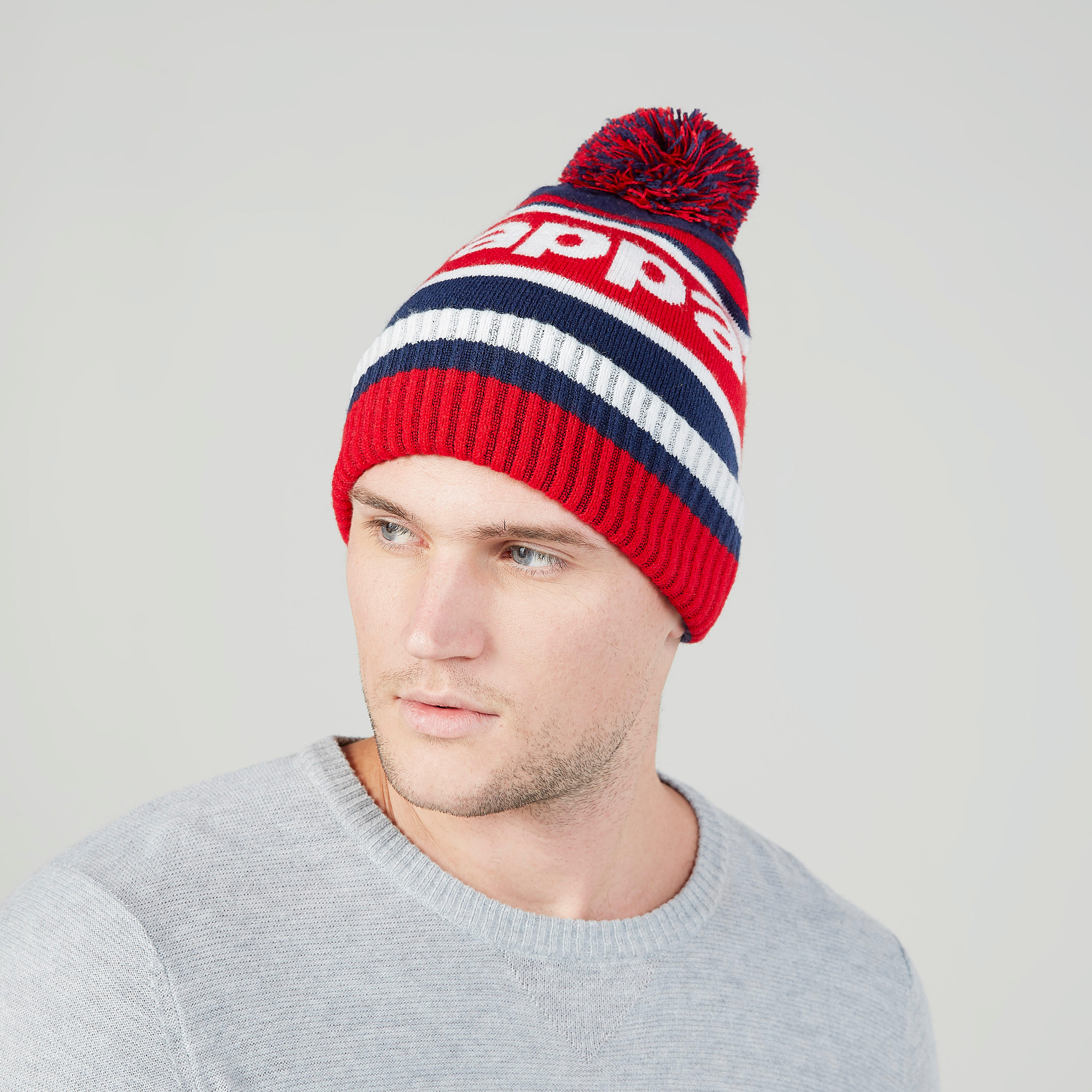 Kappa Printed Beanie Cap with Pom-Pom Detail-men-caps-image-2
