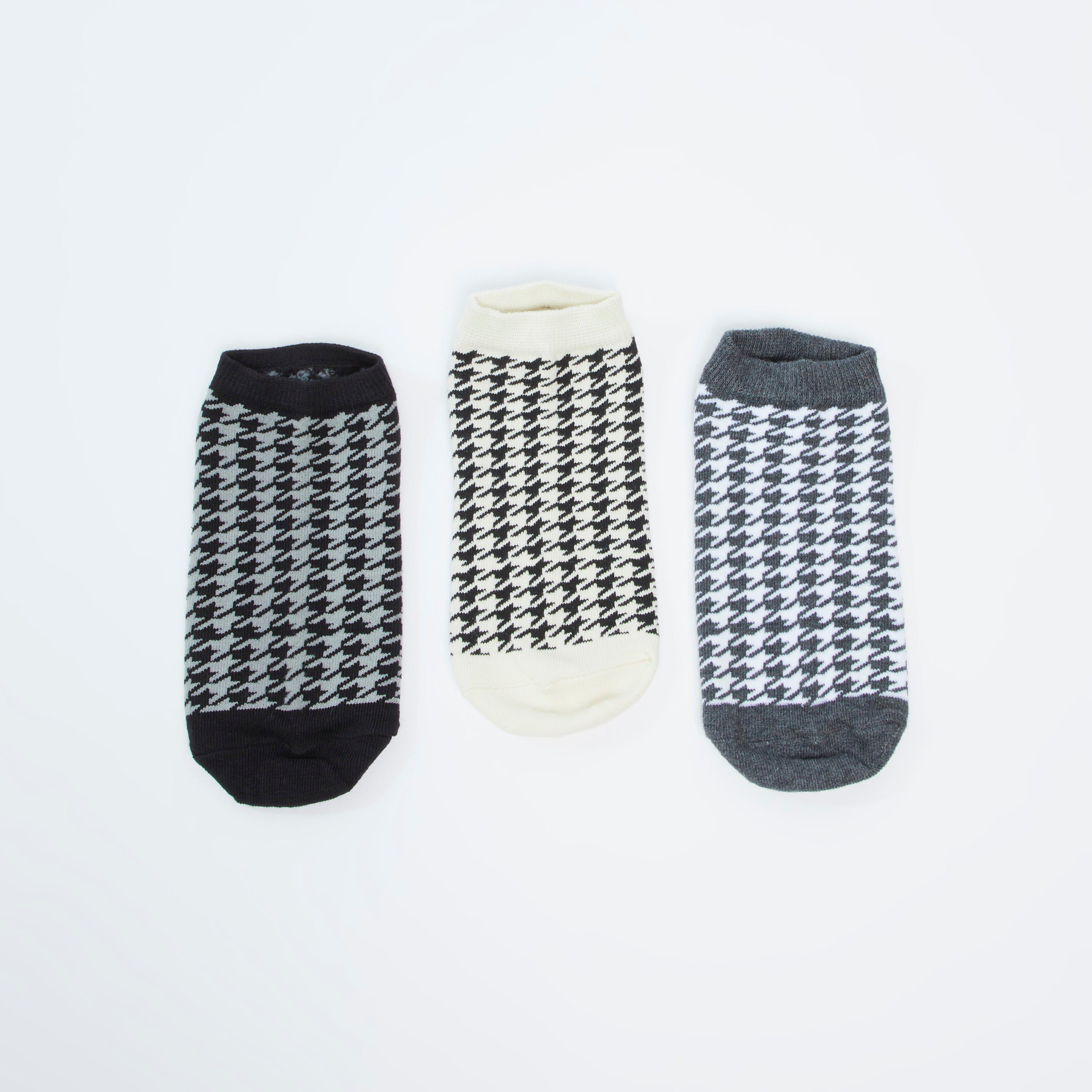 Set of 3 - Chequered Ankle Length Socks with Cuffed Hem-women-socksandstockings-image-1