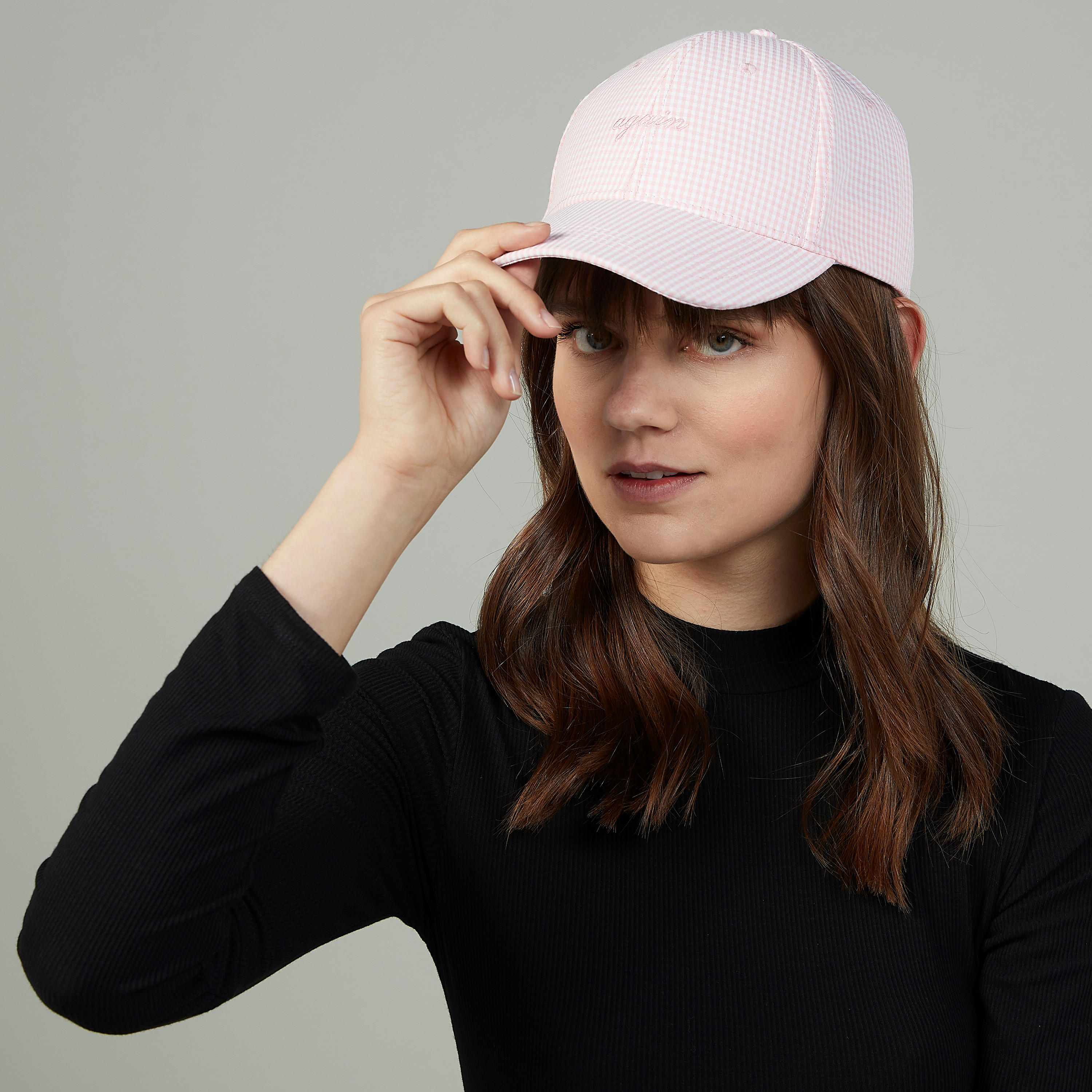 Chequered Cap with Plate Buckle Closure-women-clothingaccessories-capsandhats-image-2