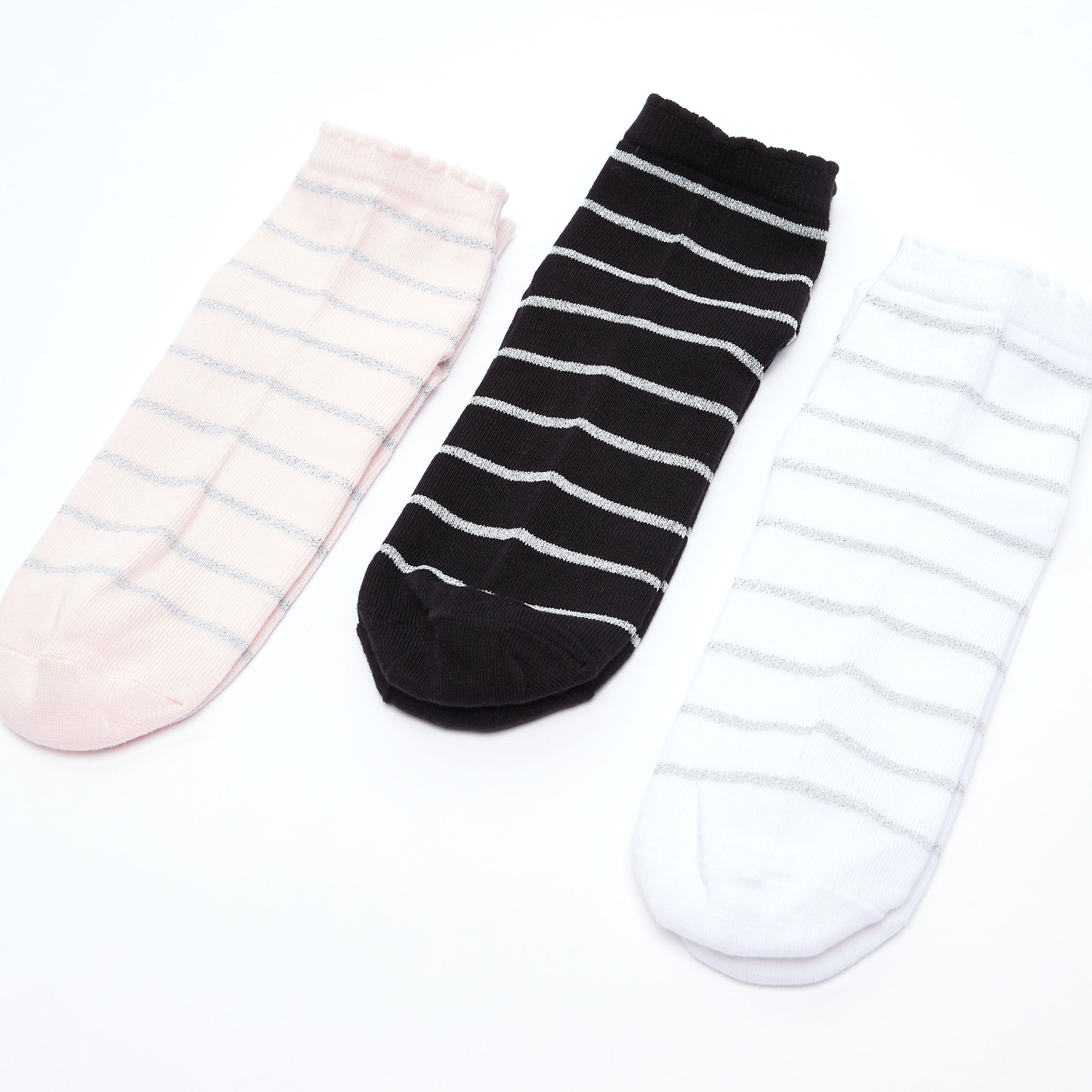 Set of 3 - Striped Ankle Length Socks with Scalloped Hem-women-socksandstockings-image-1