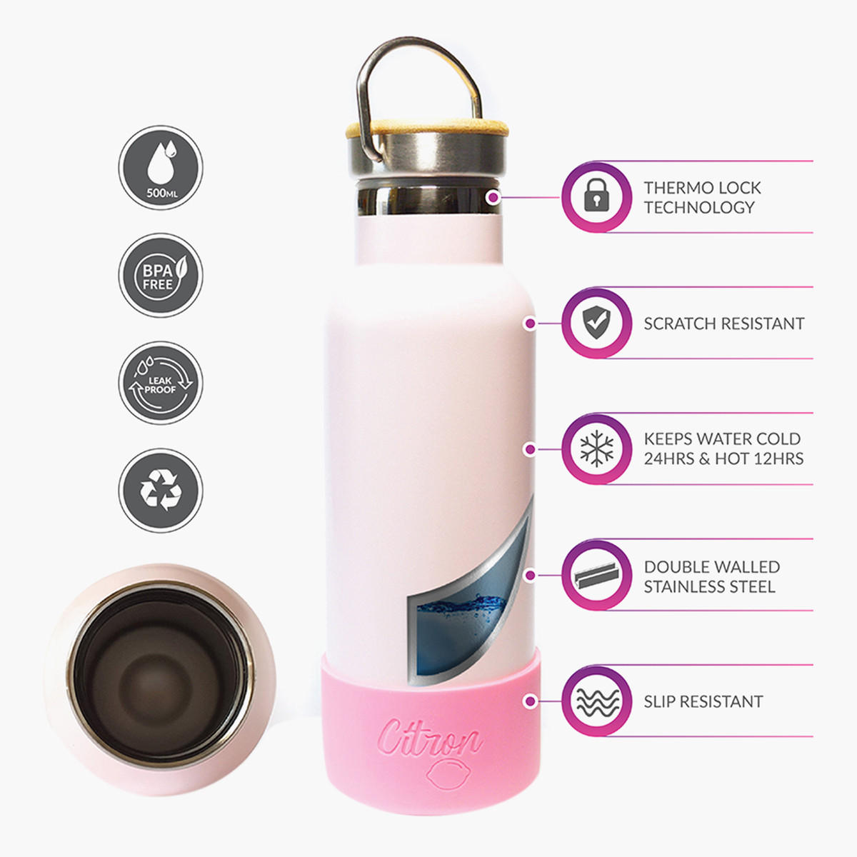 Citron Solid Double Insulated Water Bottle - 500 ml-school-waterbottles-image-5