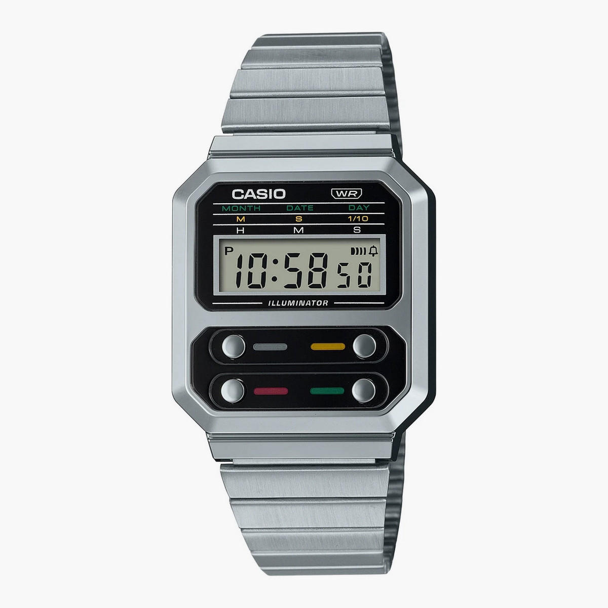 ساعة كاسيو شاشة رقمية بسوار فضي من الستانلس ستيل للجنسين A100WE-1ADF-men-watchesandjewellery-watches-image-1