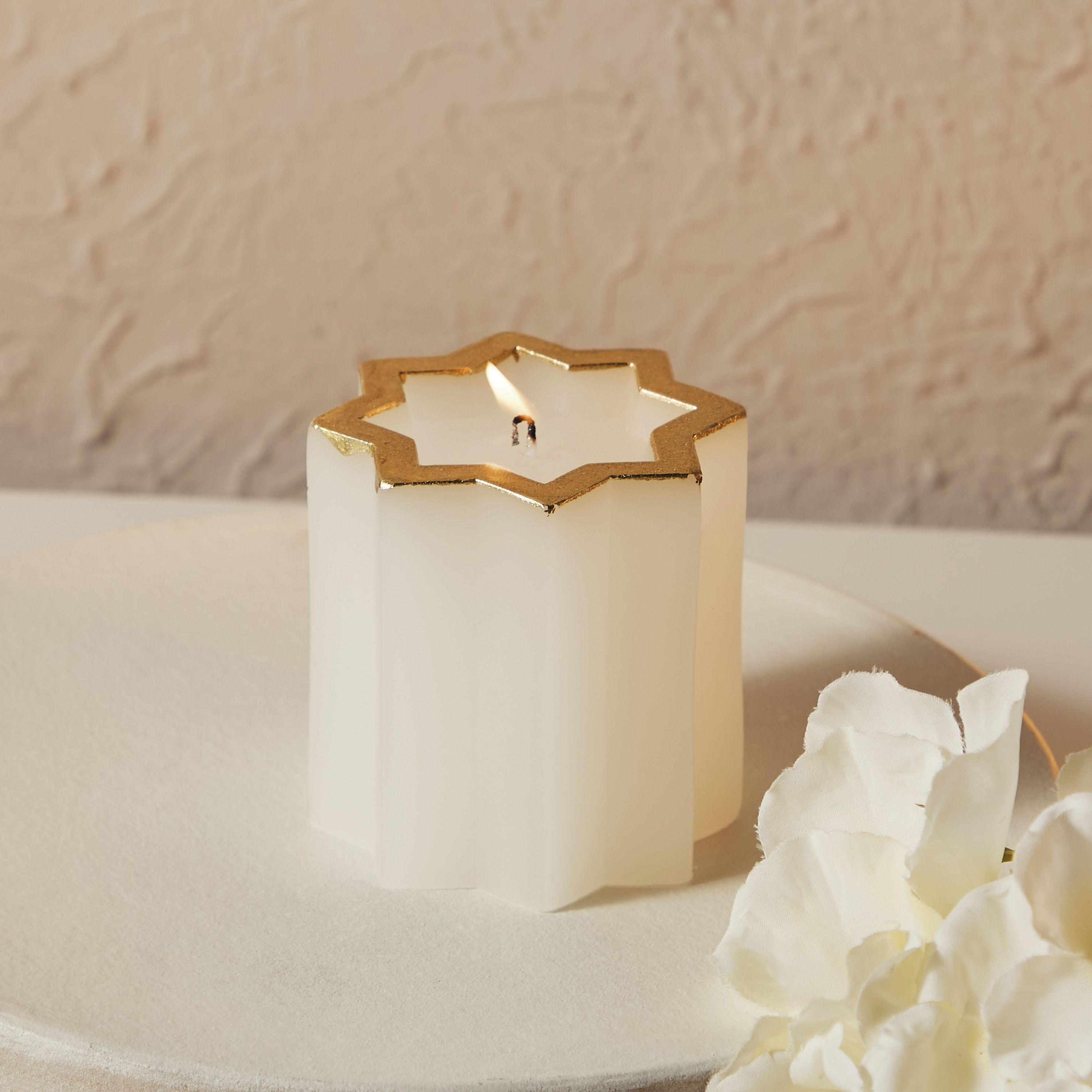 Essentials Octagon Star Pillar Candle - White/Gold - 3x3-household-homefragrance-candles-image-1