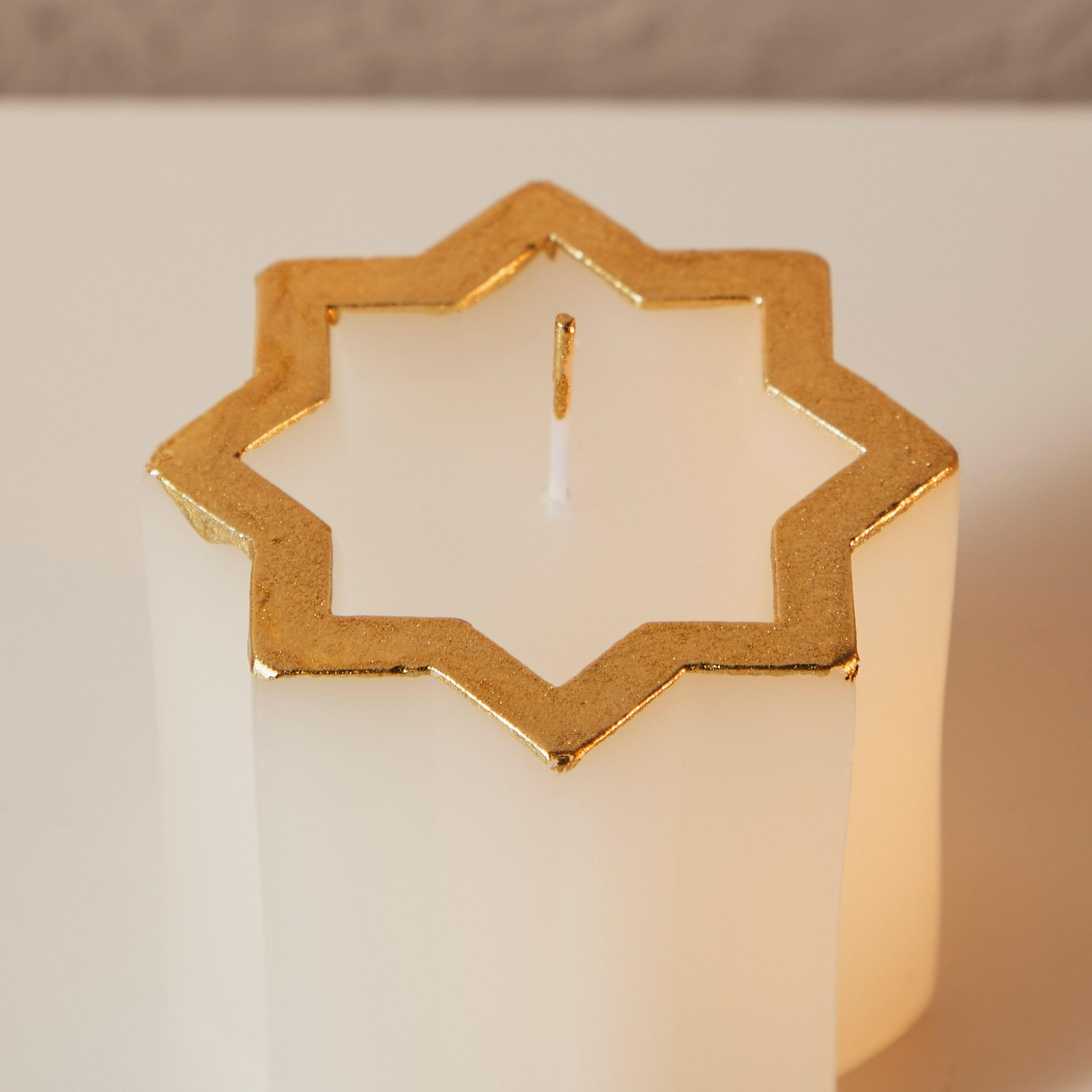 Essentials Octagon Star Pillar Candle - White/Gold - 3x3-household-homefragrance-candles-image-3