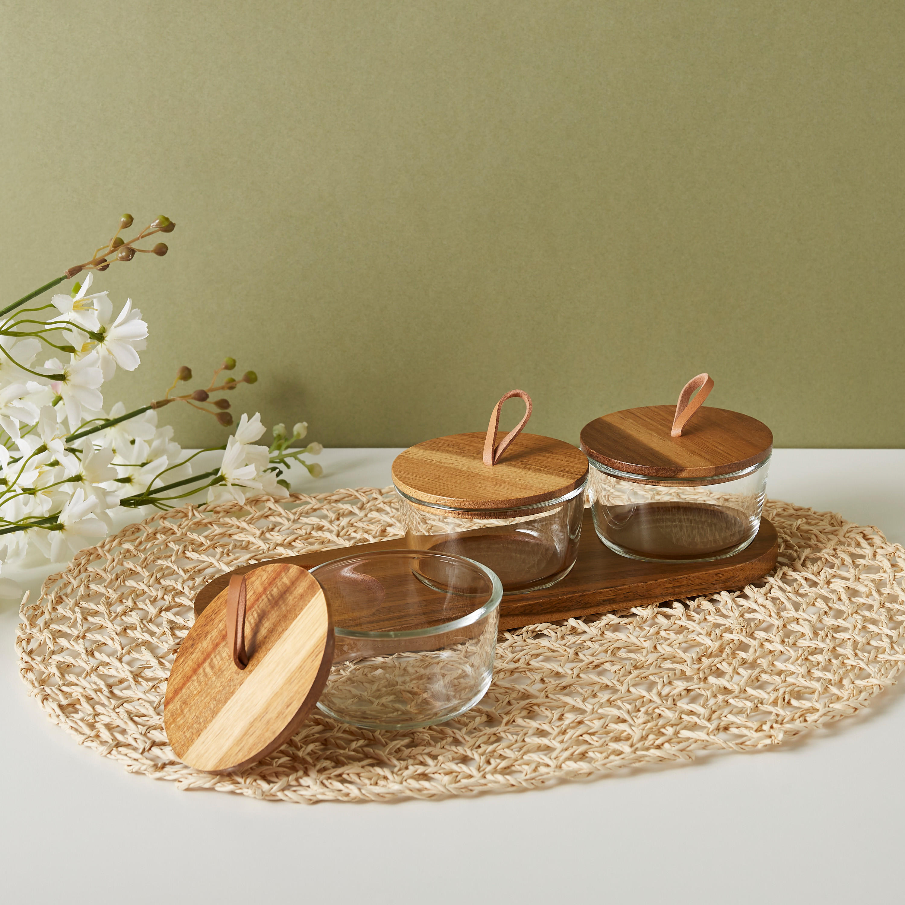 Round 3-Piece Glass Jar Set with Wooden Tray-household-dining-serveware-chipsanddip-image-1