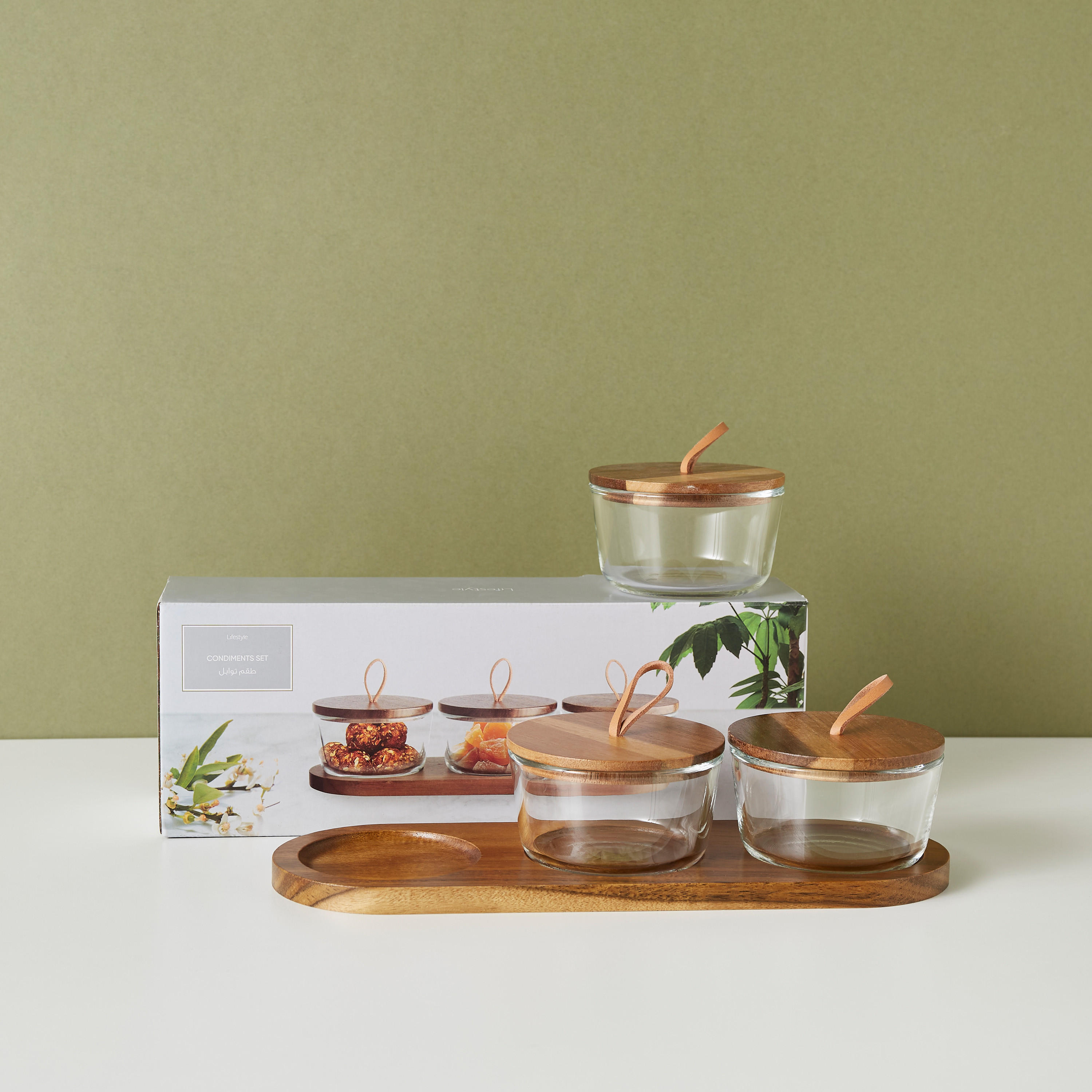 Round 3-Piece Glass Jar Set with Wooden Tray-household-dining-serveware-chipsanddip-image-2