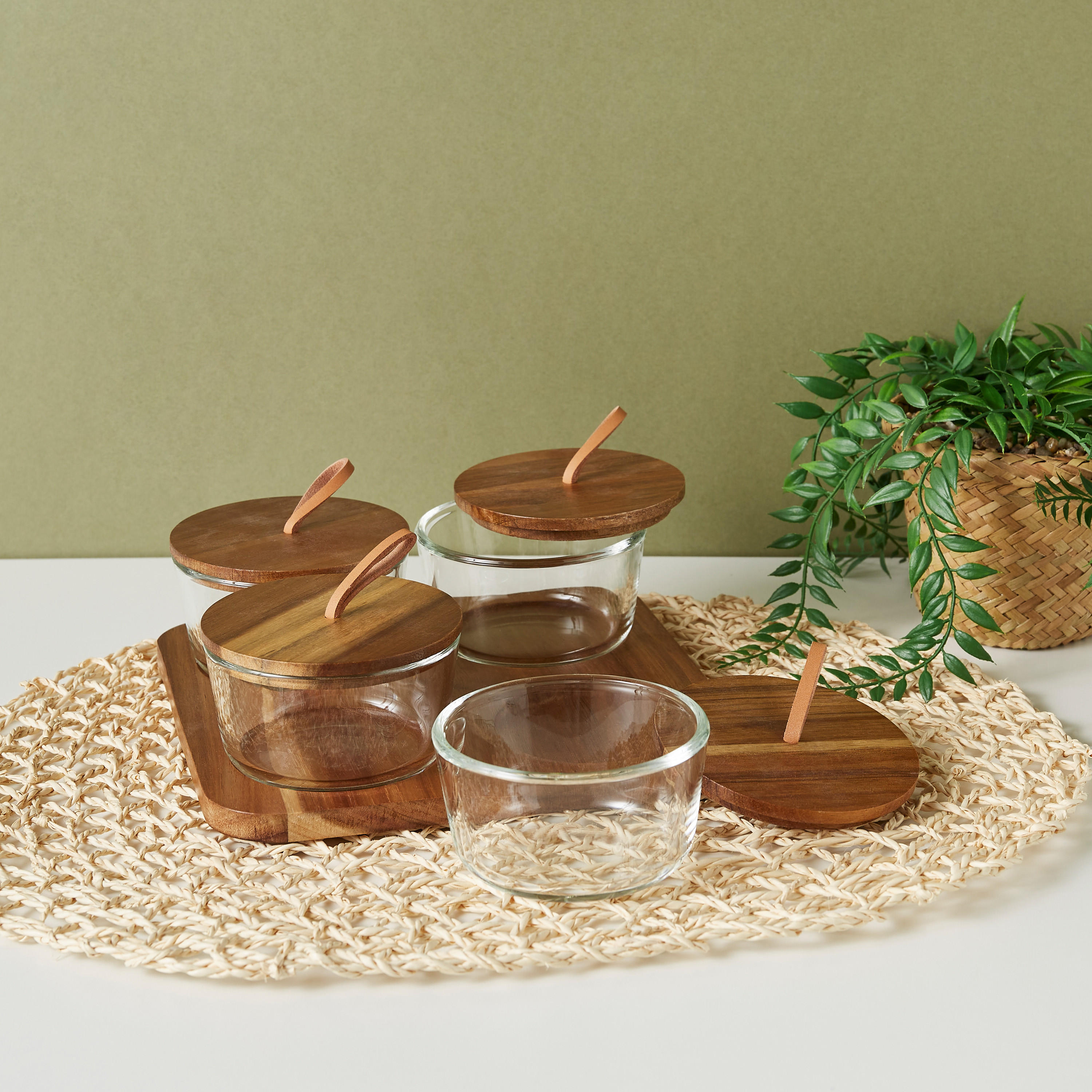 Round 4-Piece Glass Jar Set with Wooden Tray-household-dining-dinnerware-bowls-image-1