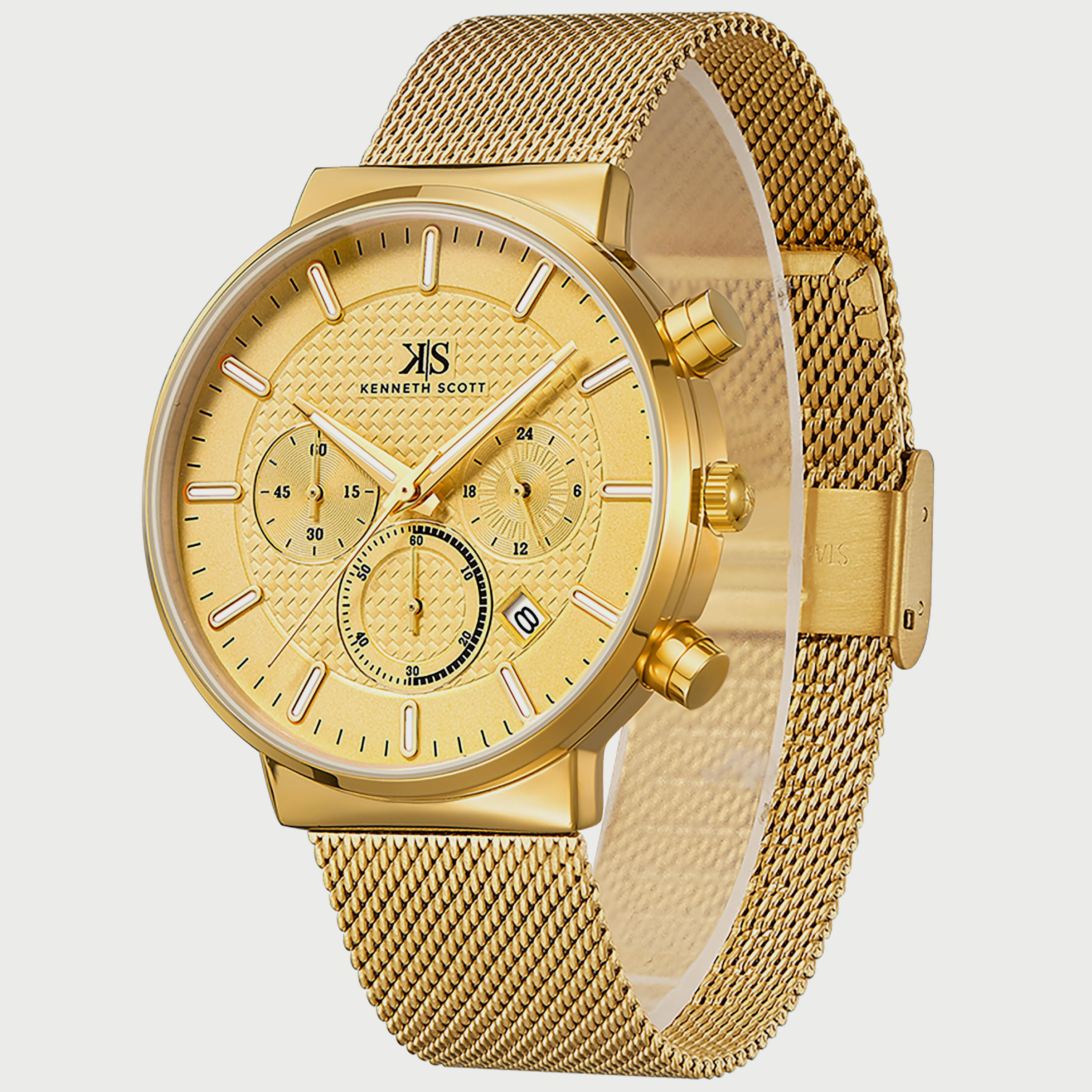 Kenneth Scott Men's Gold Chronograph Mesh Strap Watch K22133-GMGC | 41 MM-men-watchesandjewellery-watches-image-2