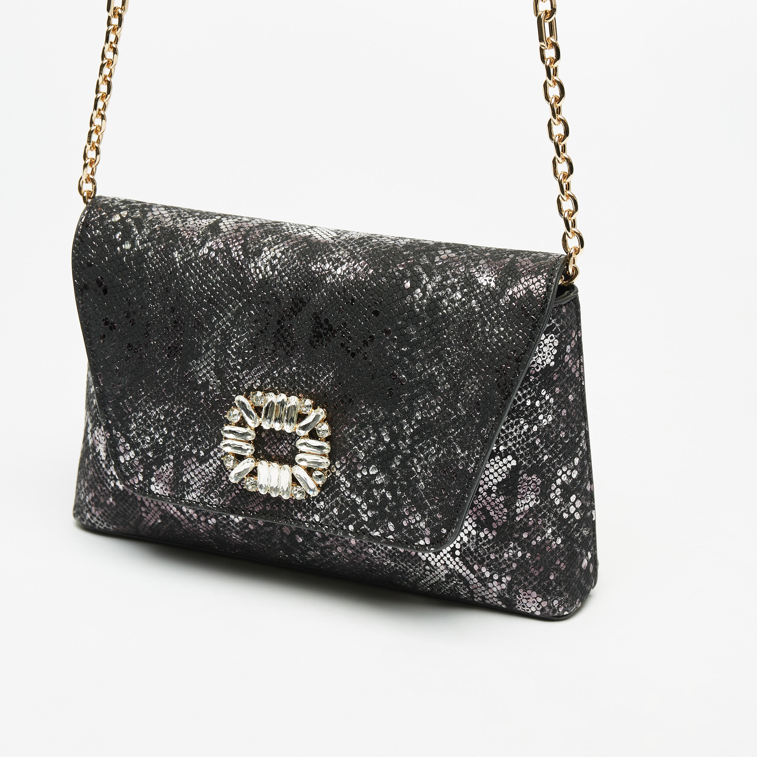 Celeste Textured Clutch with Embellished Buckle and Chain Strap-women-bagsandwallets-wallets-image-3