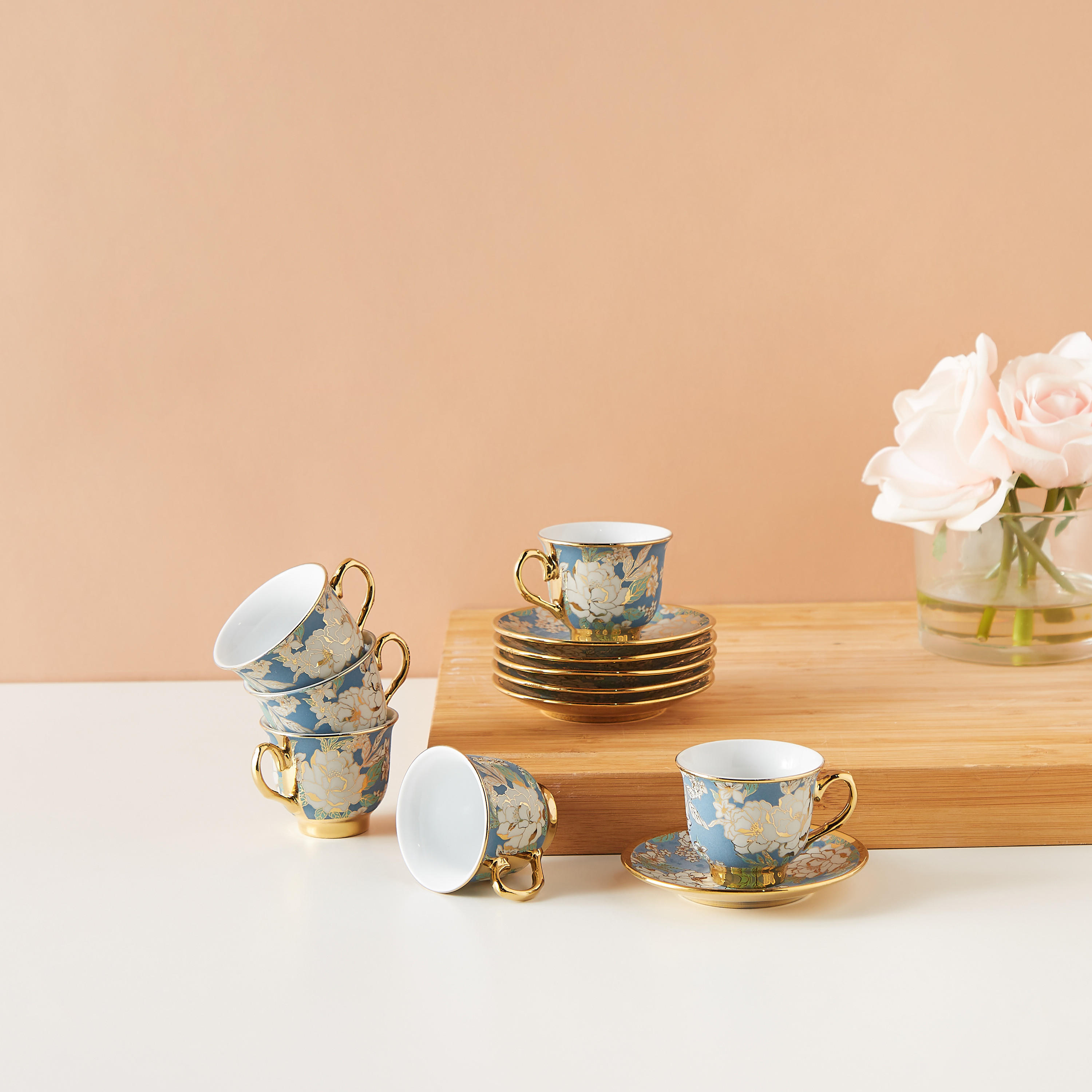 Floral Print 12-Piece Porcelain Cup and Saucer Set-household-dining-teaandcoffee-teaandcoffeesets-image-1
