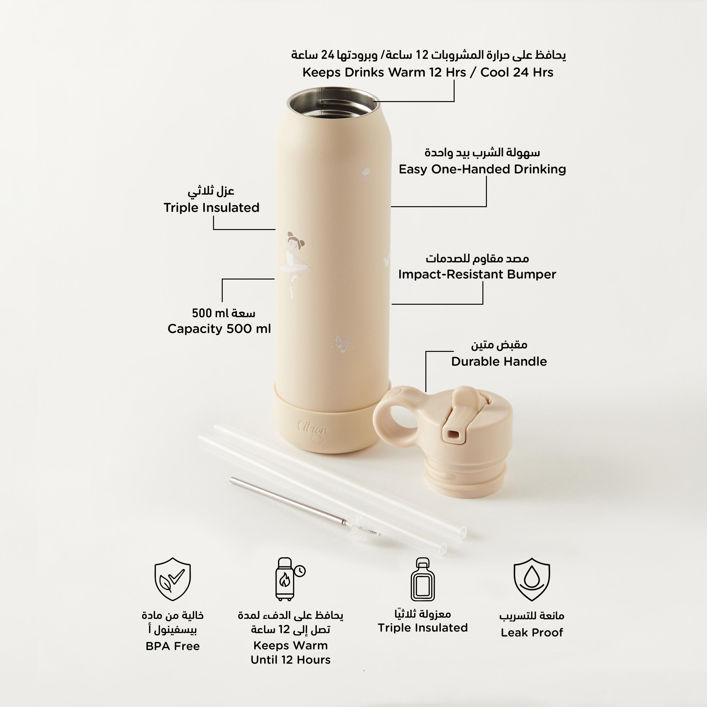 قارورة مياه ستانلس ستيل بطبعات باليرينا من سيترون - 500 مل-school-waterbottles-image-2