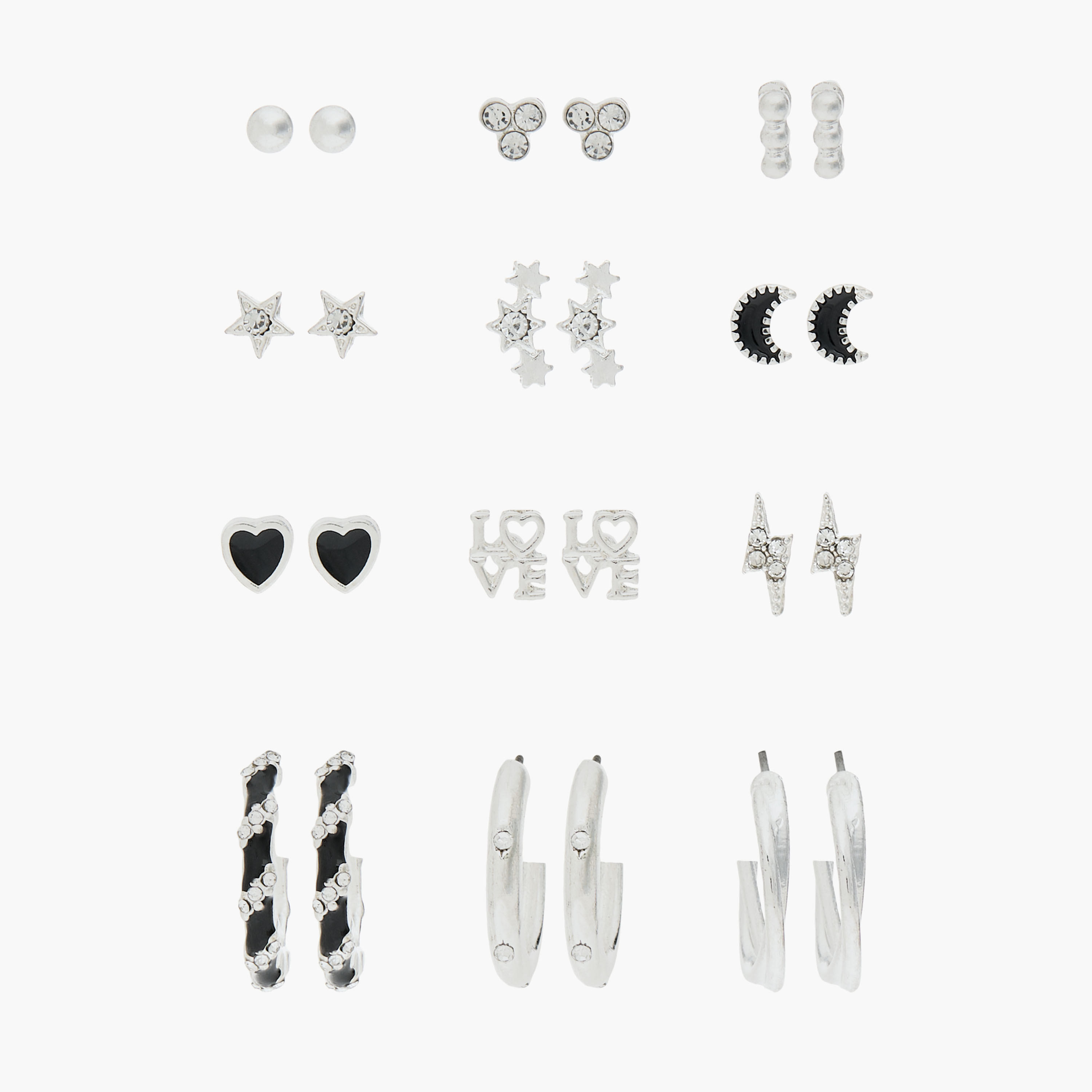 طقم حلقان ميتاليك متنوعة بمكبس إغلاق خلفي - طقم 12 زوج-women-watchesandjewellery-jewellery-earrings-image-1