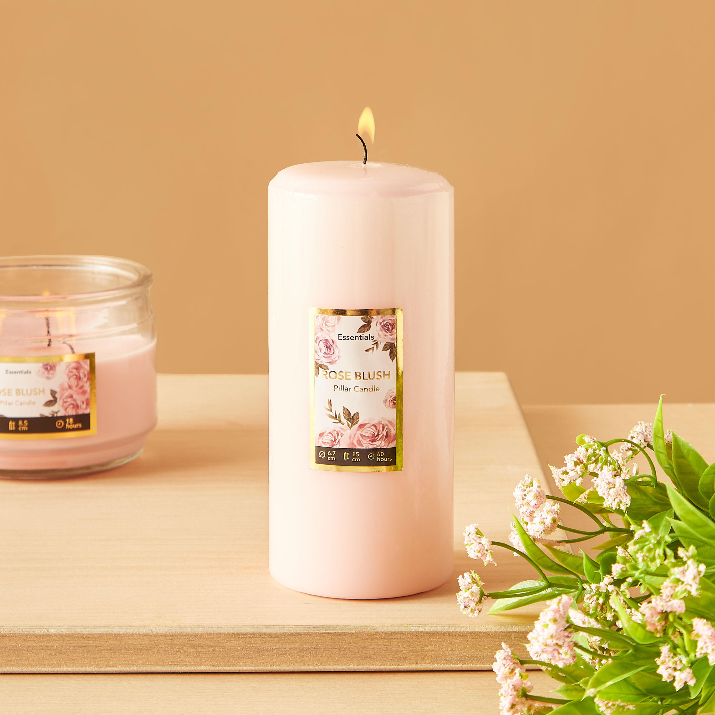 Essentials Rose Blush Scented Pillar Candle - 60 H-household-homefragrance-candles-image-1