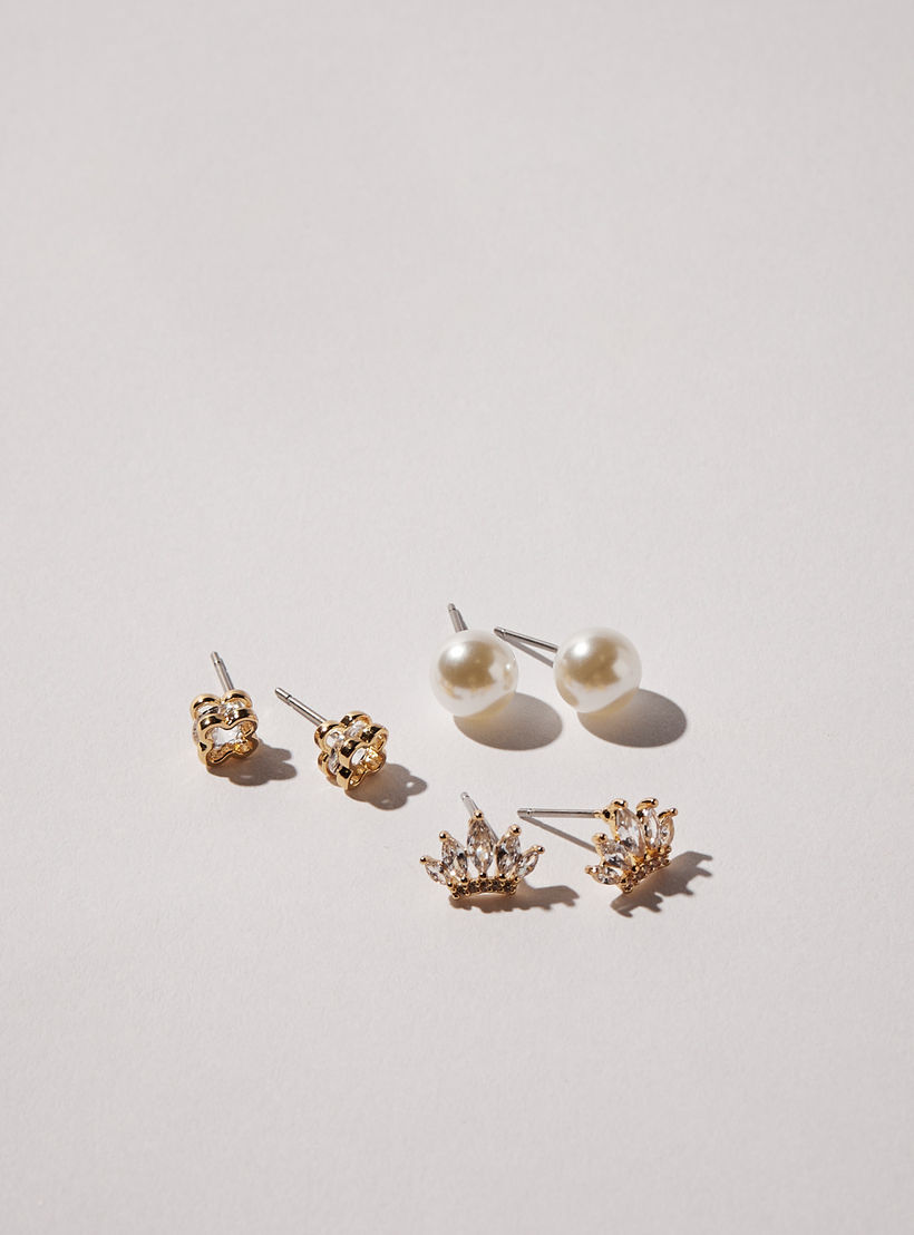 Pearl Embellished Earrings with Pushback Closure - Set of 3-women-watchesandjewellery-jewellery-earrings-image-3