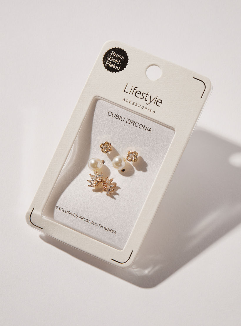 Pearl Embellished Earrings with Pushback Closure - Set of 3-women-watchesandjewellery-jewellery-earrings-image-5