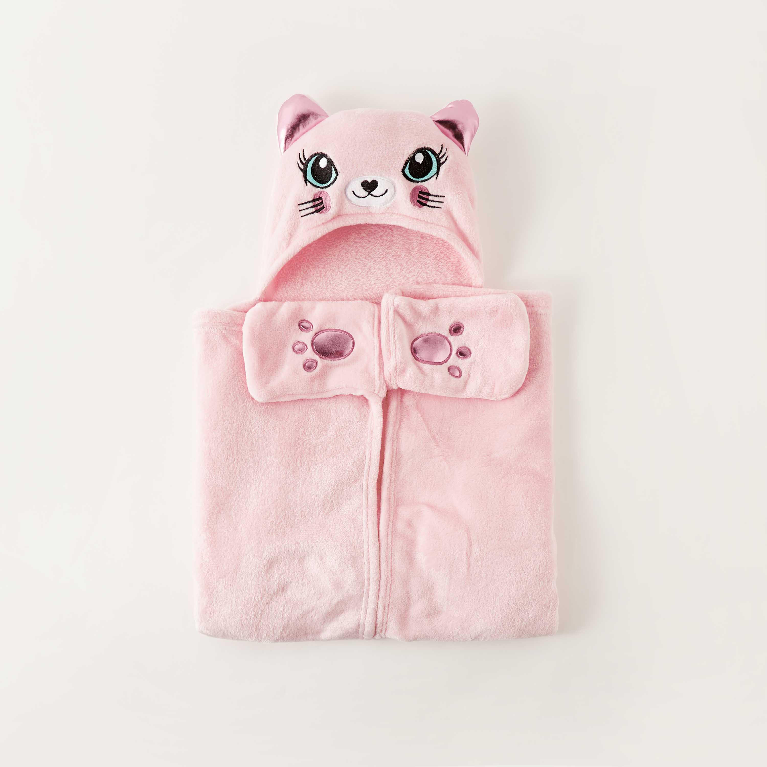 Cat Ear Applique Hooded Blanket with Hand Pockets - 102x127 cms-girls-clothing-nightwear-image-1