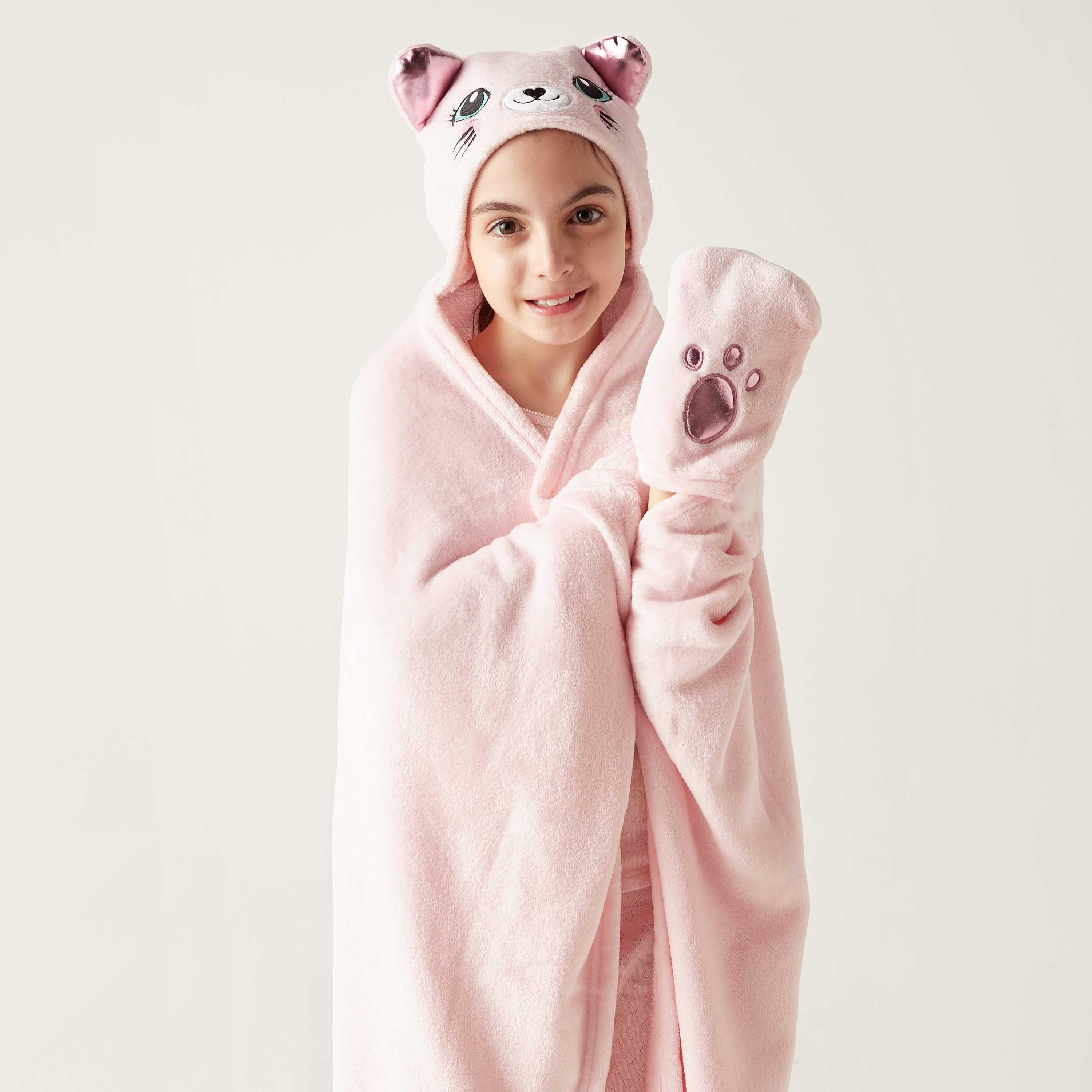 Cat Ear Applique Hooded Blanket with Hand Pockets - 102x127 cms-girls-clothing-nightwear-image-2
