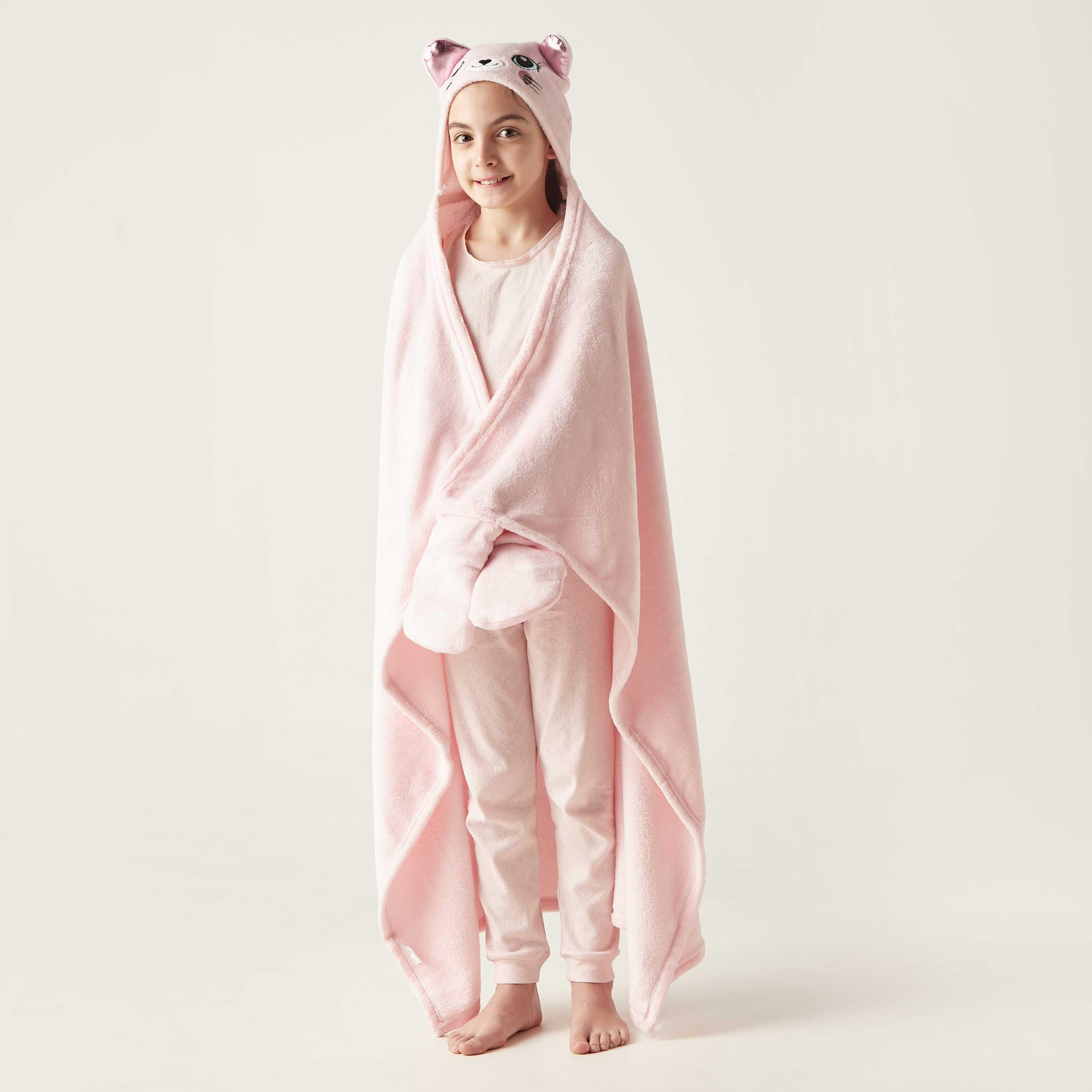 Cat Ear Applique Hooded Blanket with Hand Pockets - 102x127 cms-girls-clothing-nightwear-image-3