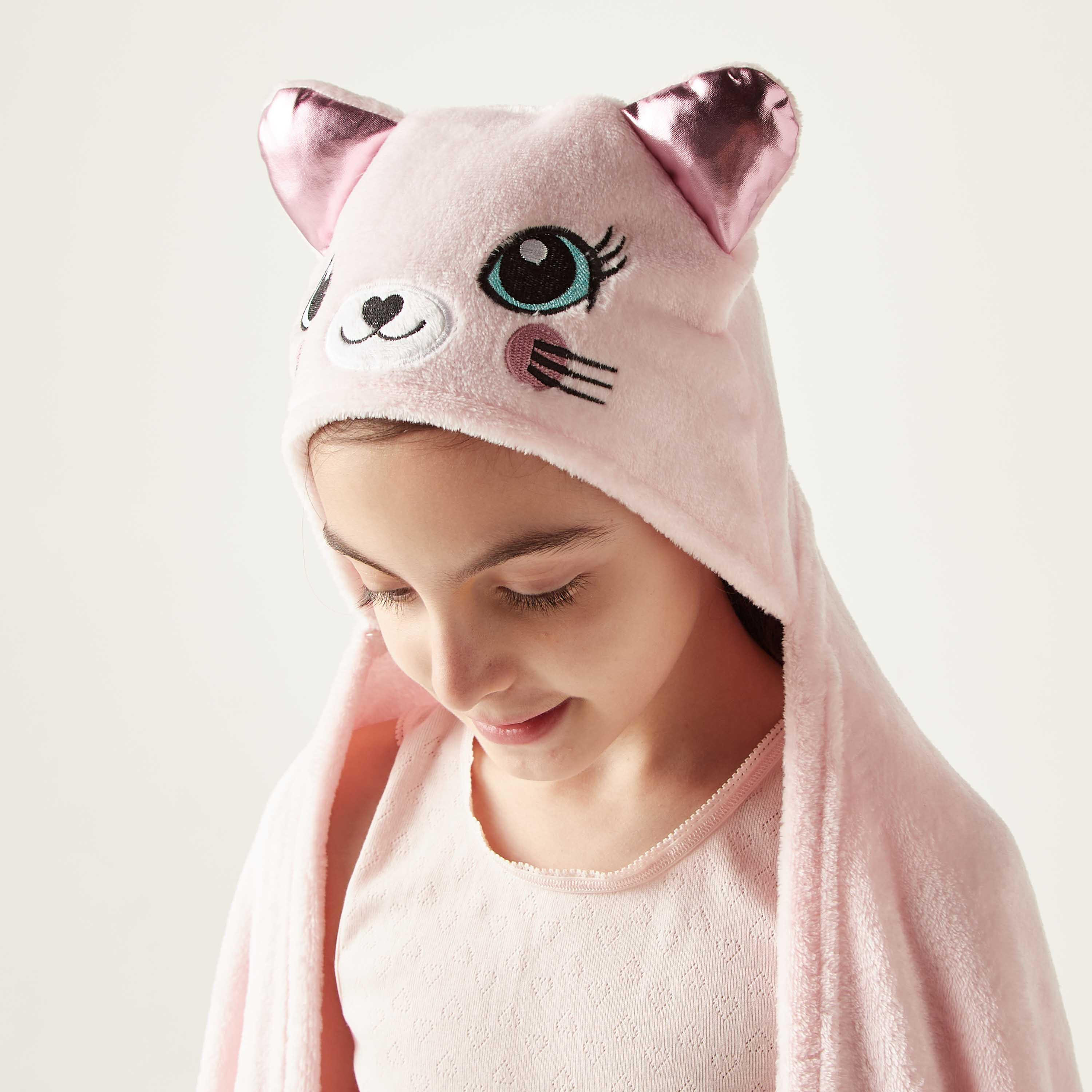 Cat Ear Applique Hooded Blanket with Hand Pockets - 102x127 cms-girls-clothing-nightwear-image-4