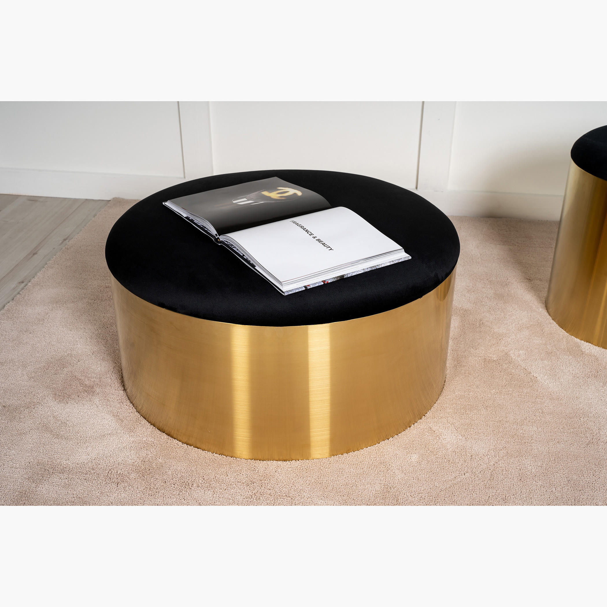 Velvet Upholstered Round Ottoman - 75x36 cms-furniture-sofaandseating-ottomansbeanbagsandpoufs-image-1
