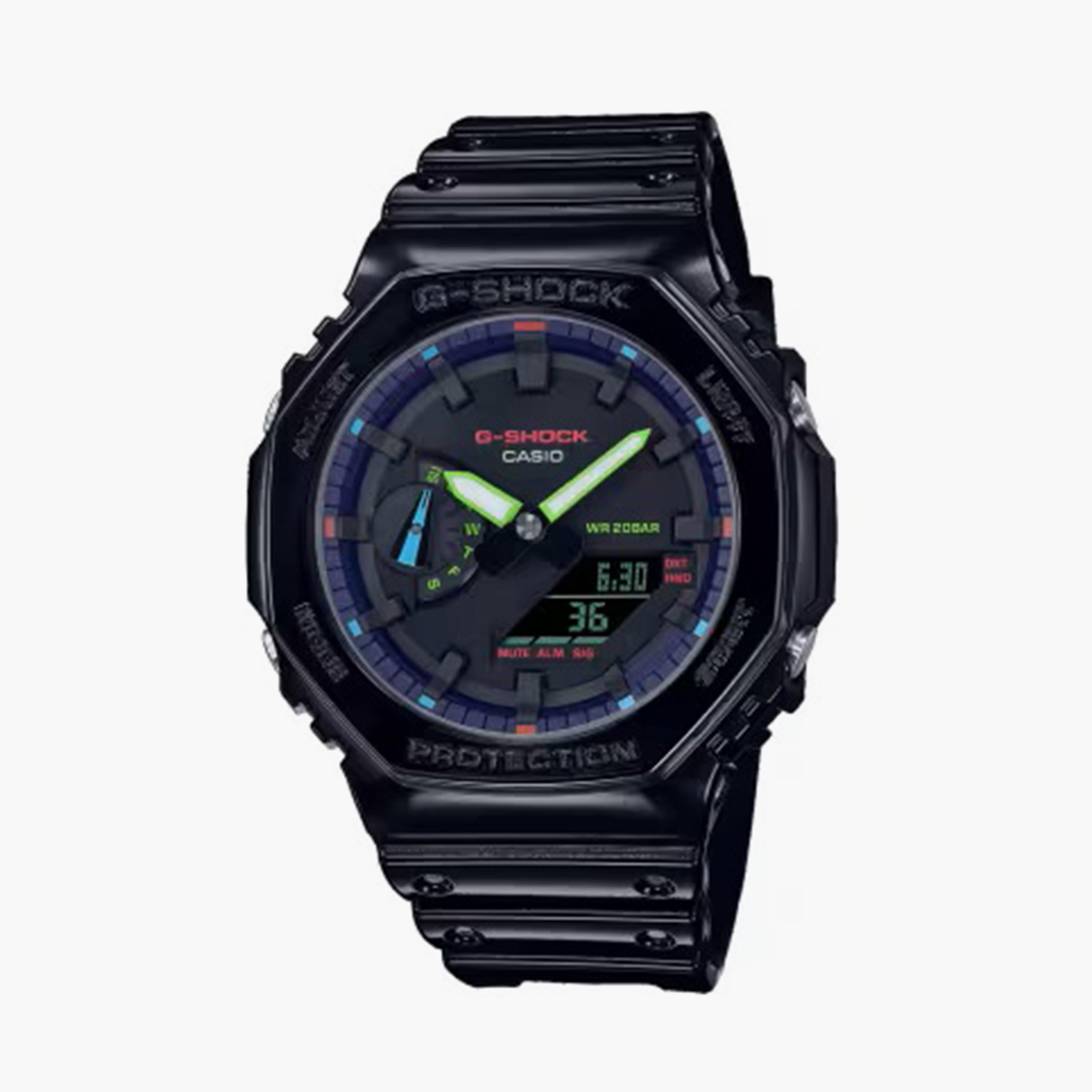  GA-2100RGB-1ADR | ساعة جي شوك الرقمية ذات أنالوج بسوار سيليكون أسود لكلا الجنسين-men-watchesandjewellery-watches-image-1
