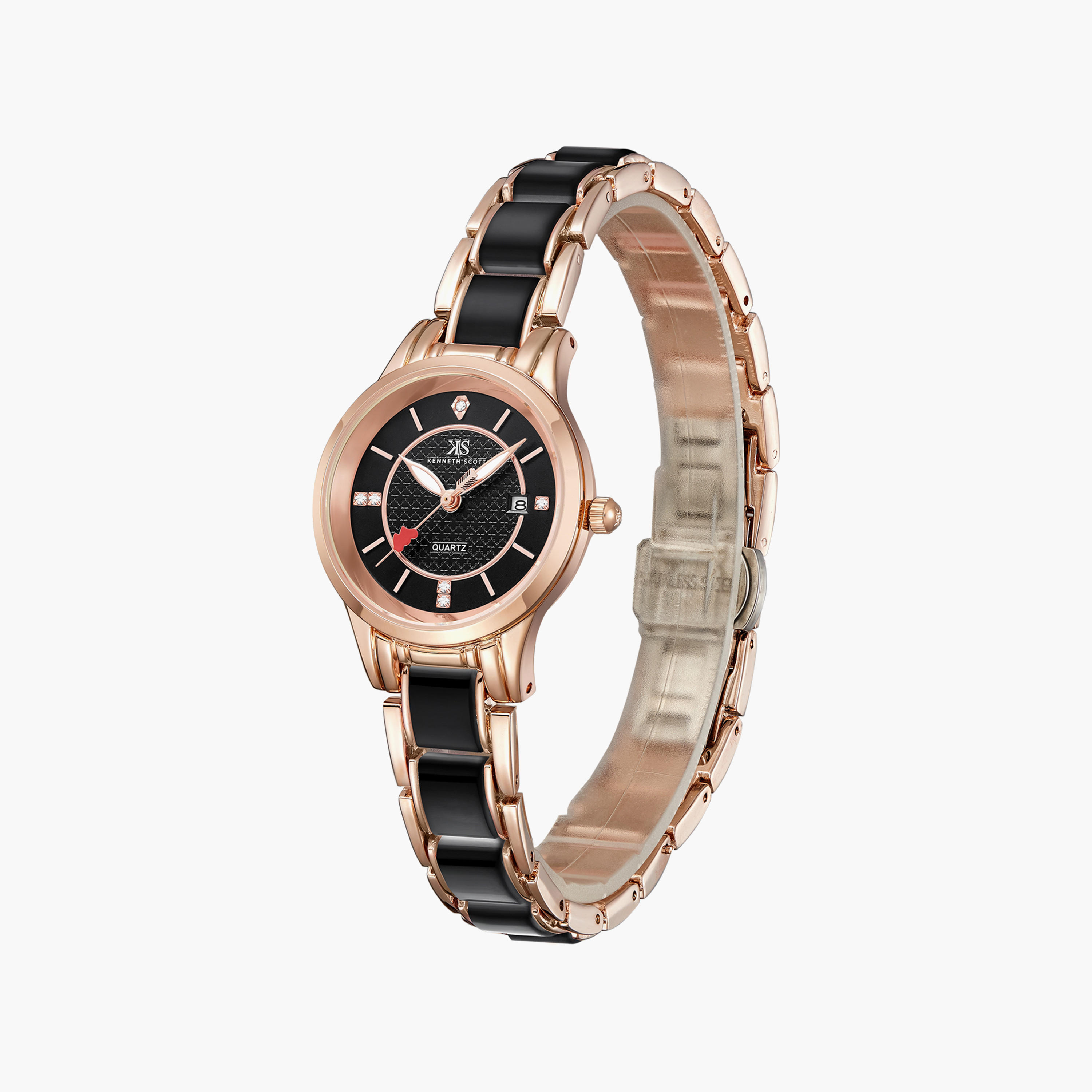 ساعة أنالوج سوداء وذهبية وردية بسوار ستانلس ستيل من كينيث سكوت | K23517-RCBB-women-watchesandjewellery-watches-image-2