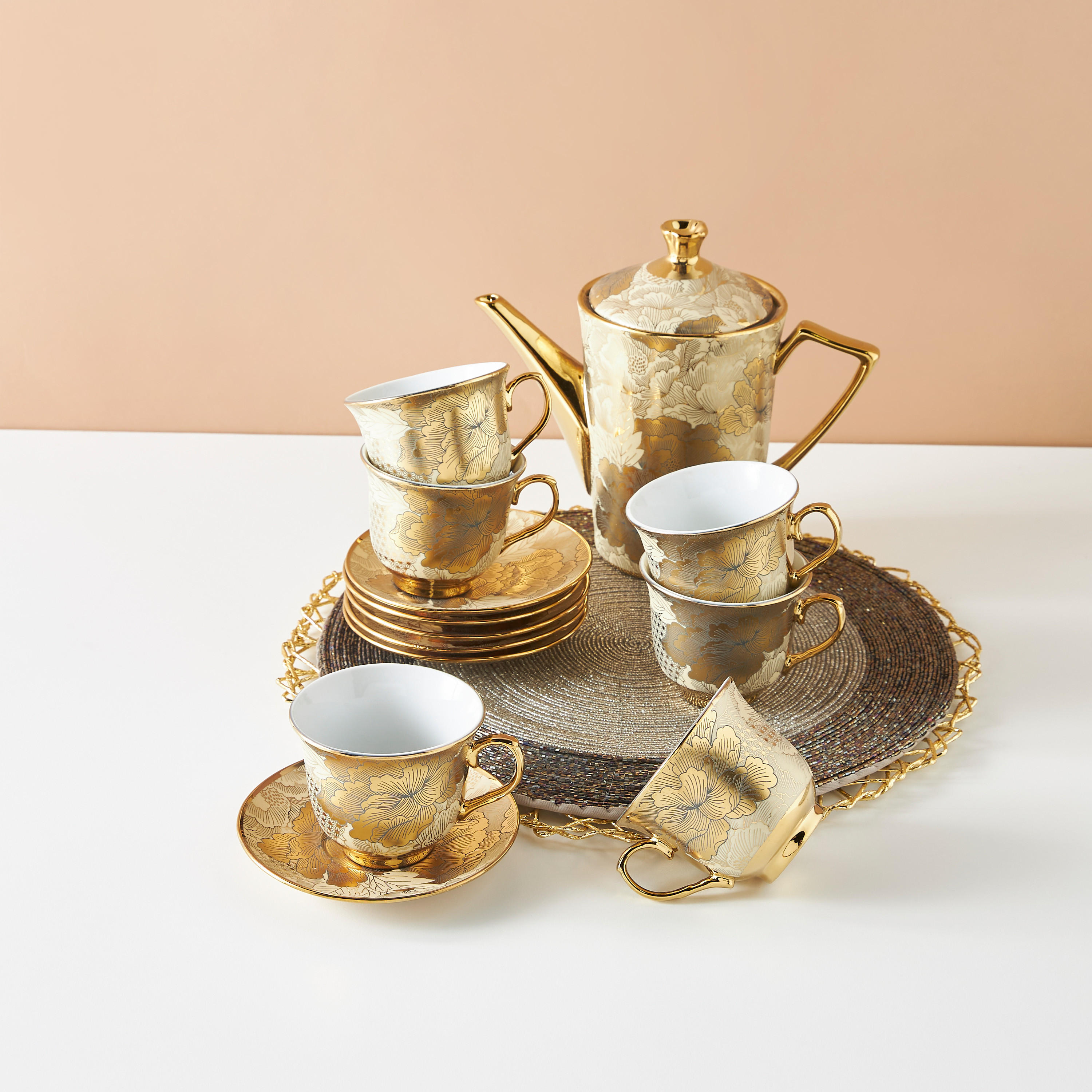 Floral Print 13-Piece Porcelain Cup and Saucer Set with Teapot-household-dining-teaandcoffee-teaandcoffeesets-image-1
