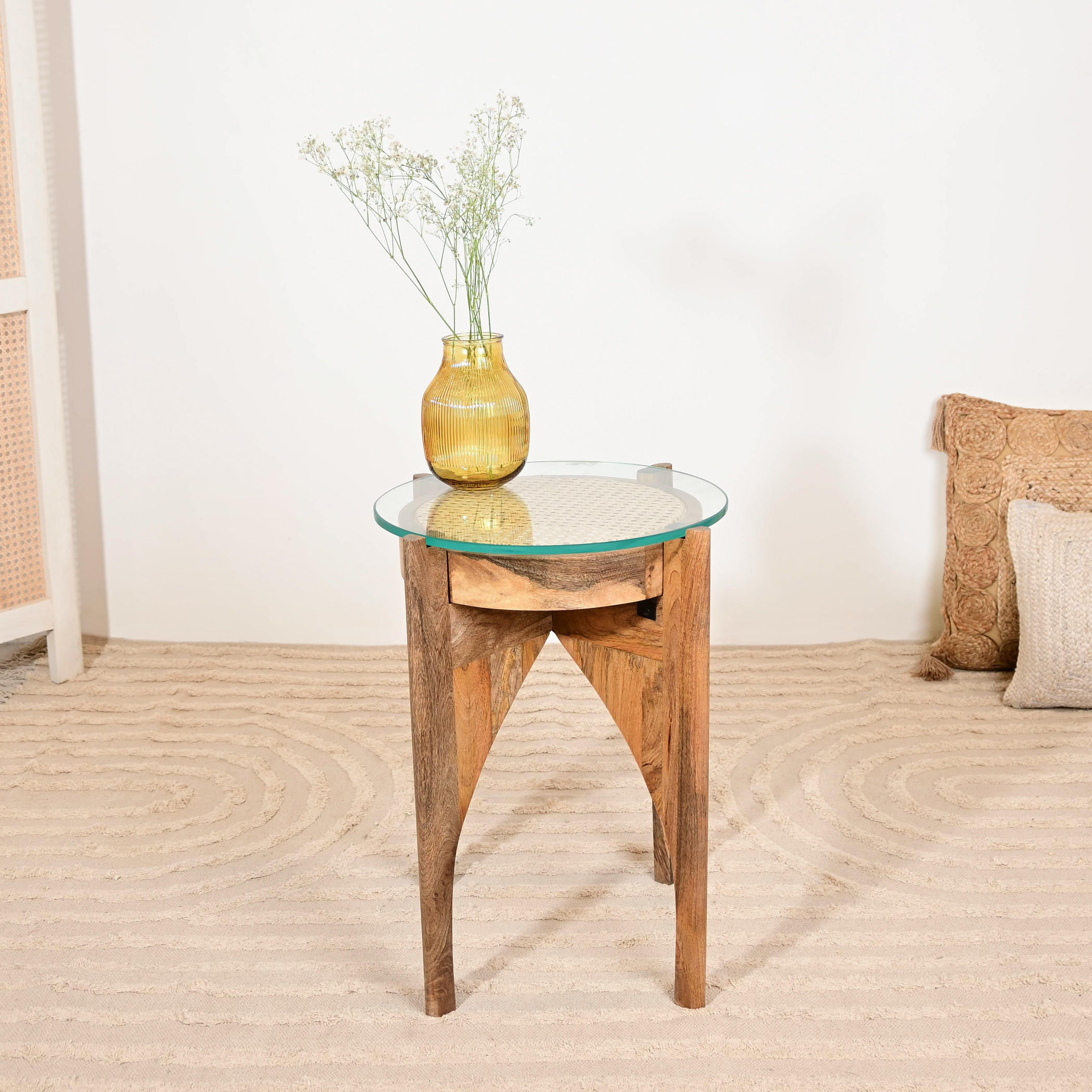 Home Carving Glass Top Accent Table - 55x40x55 cms-furniture-livingroom-sideandendtables-image-1