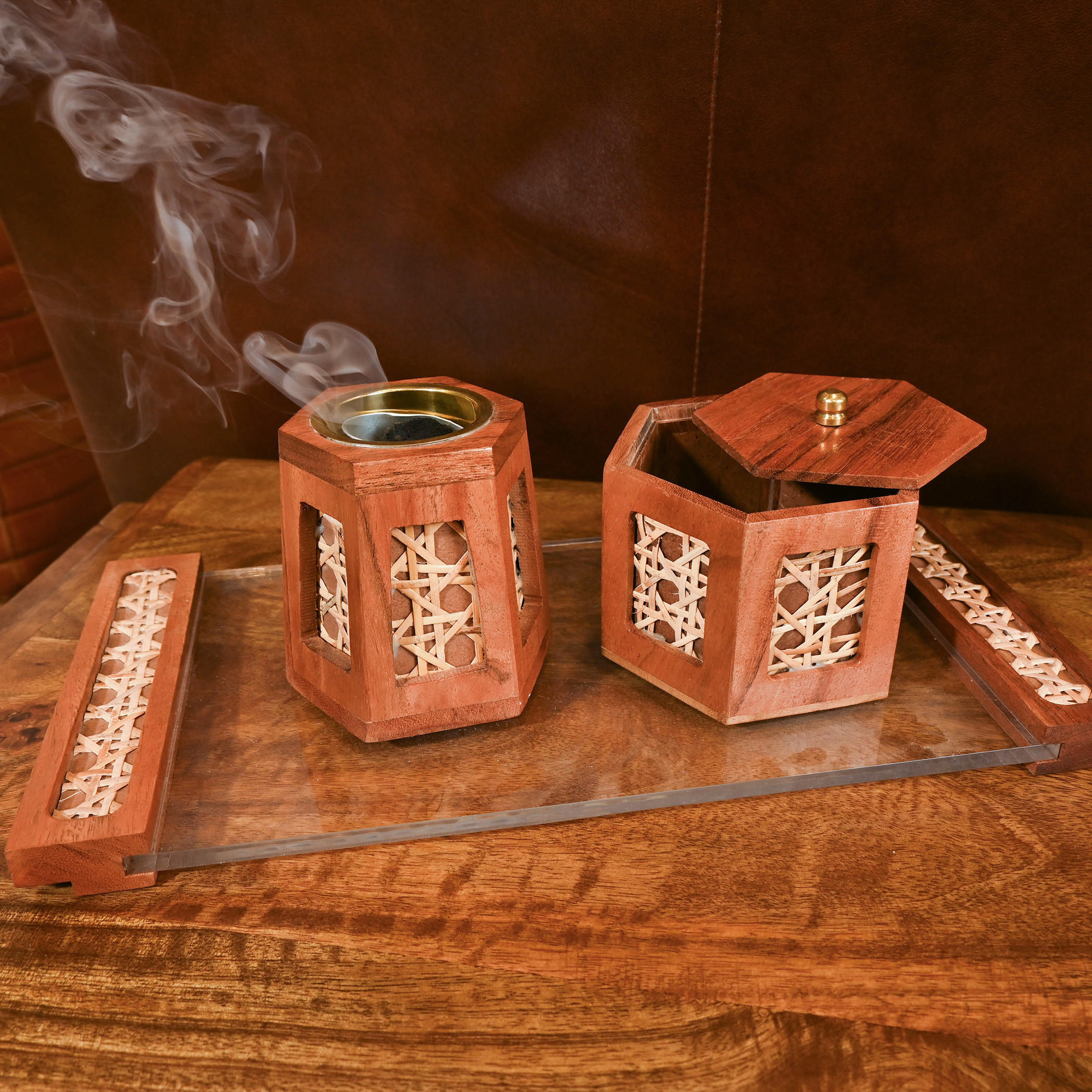 Home Carving Rattan Detail Wooden Bakhoor Burner Set with Tray-household-homefragrance-burners-image-2